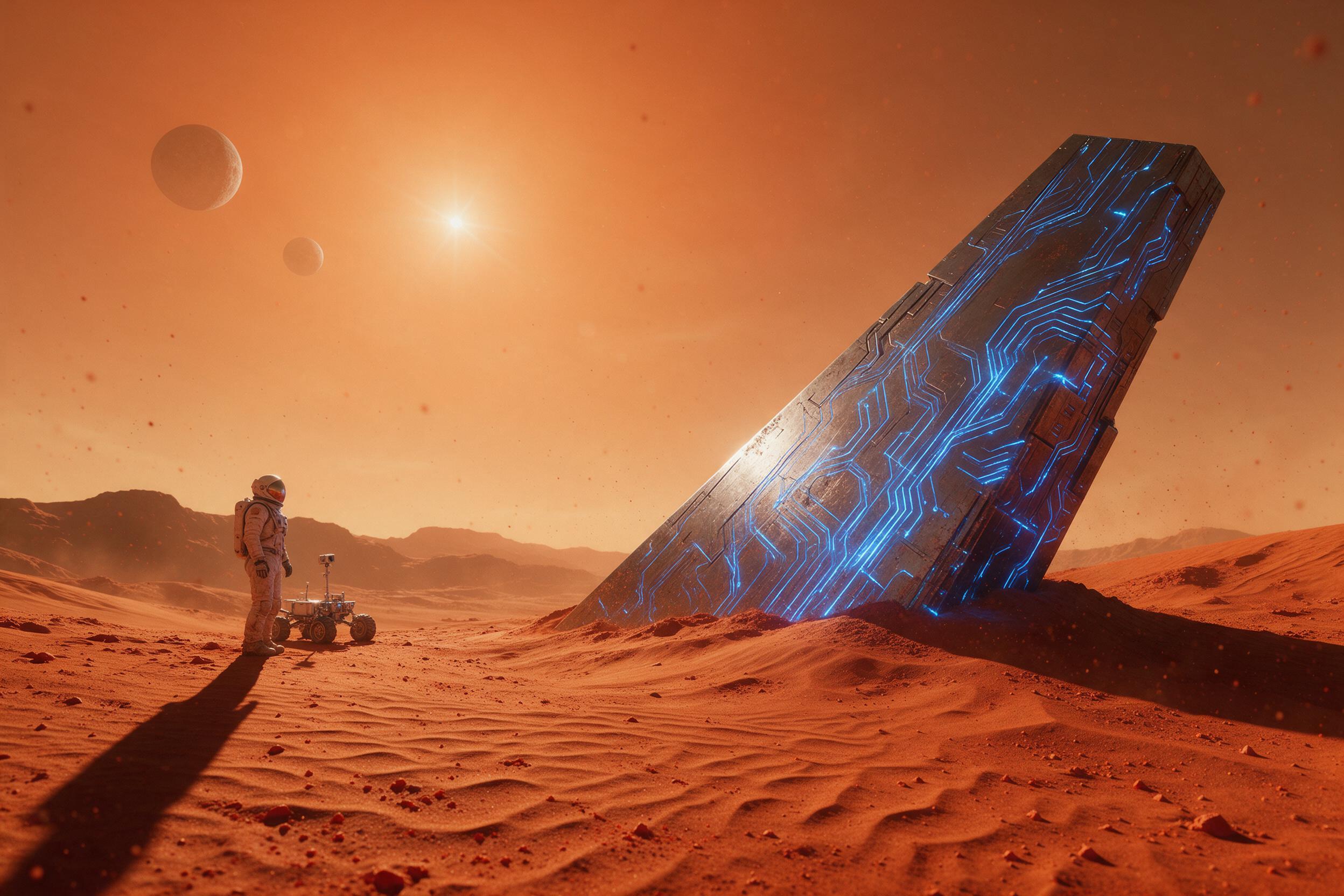 A lone astronaut standing on a rusty red Martian dune, facing a colossal, half-buried alien monolith that glows with electric blue lines, under a hazy orange sky with two moons. Long shadow stretching toward camera, subtle lens flare from distant sun, fine dust particles suspended in air.