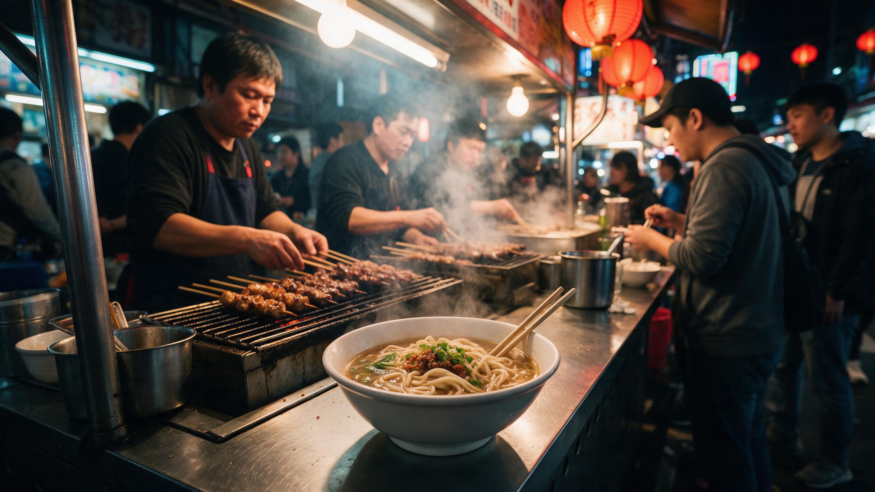 A bustling night market in Taipei, glowing red lanterns overhead, steam rising from street food stalls, vendors grilling skewers, customers in casual attire, warm tungsten lighting mixed with cool neon signs, shallow depth of field focusing on a noodle bowl, slight motion blur in background, natural