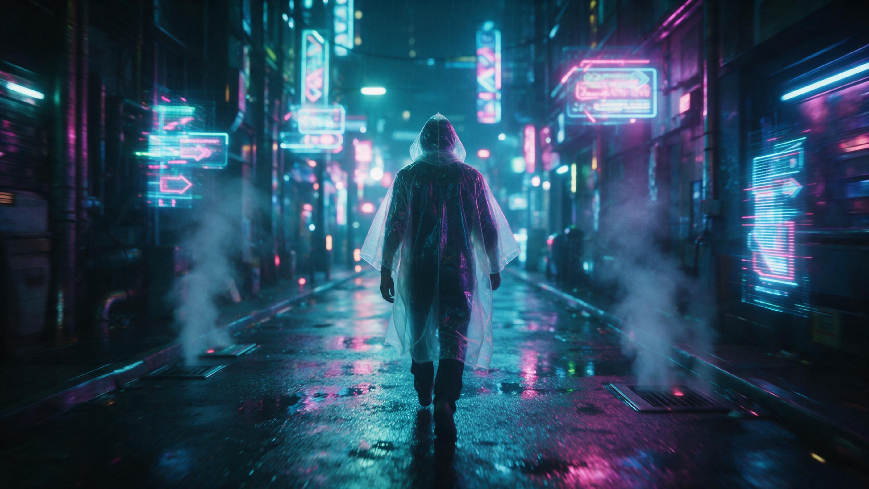 A neon-drenched rainy alley in a cyberpunk metropolis, holographic street signs flicker, a lone figure in a translucent raincoat walks away, reflections shimmer on wet asphalt, steam rises from vents, cinematic lighting with cyan and magenta glow, slight motion blur, shallow depth of field, photorea