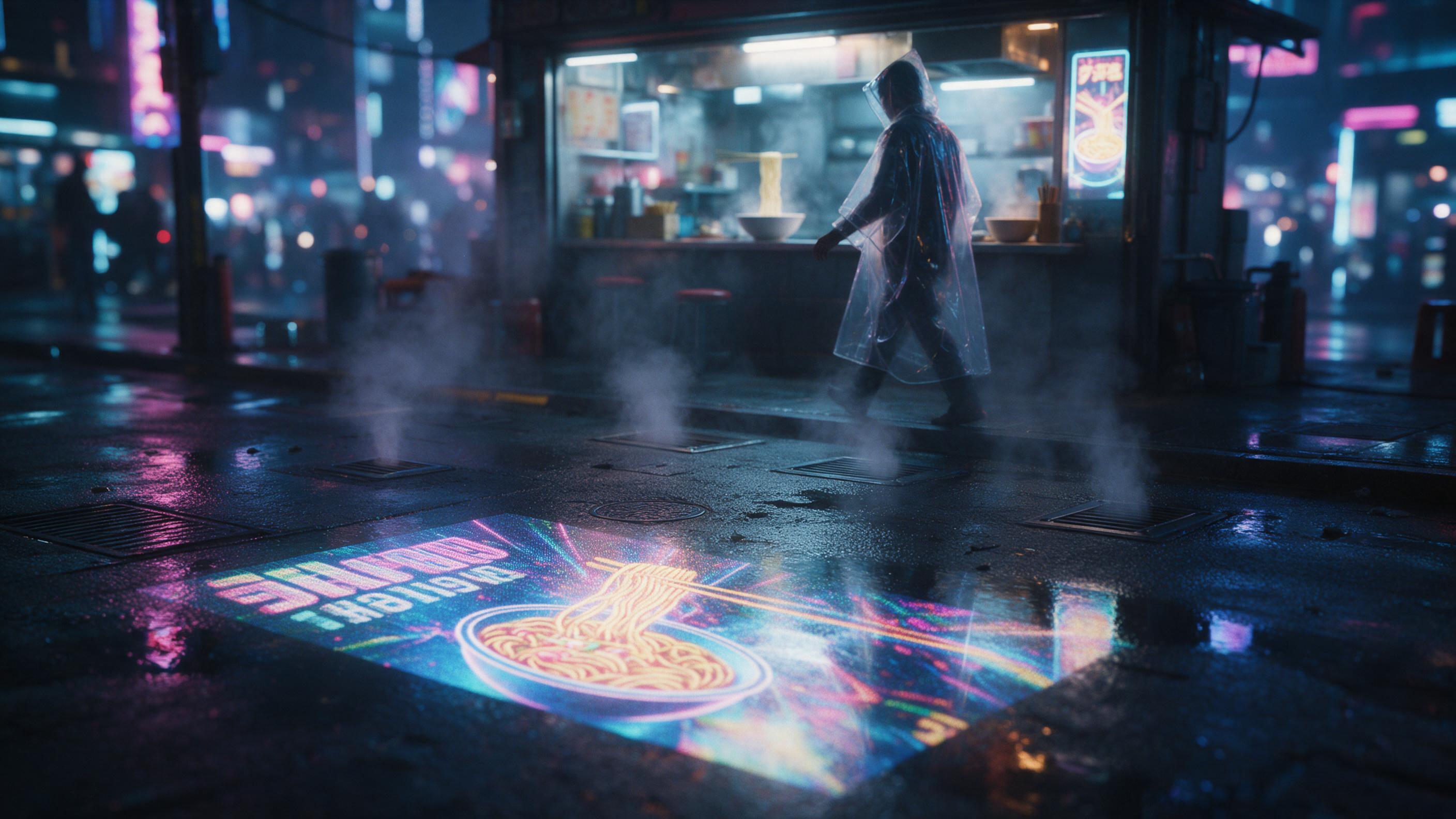 Neon-lit cyberpunk street after rain, holographic advertisements reflecting on wet asphalt, a lone figure in a transparent raincoat walking past glowing noodle shop, steam rising from vents, cold blue and magenta tones, cinematic composition, shallow depth of field with blurred background, natural s