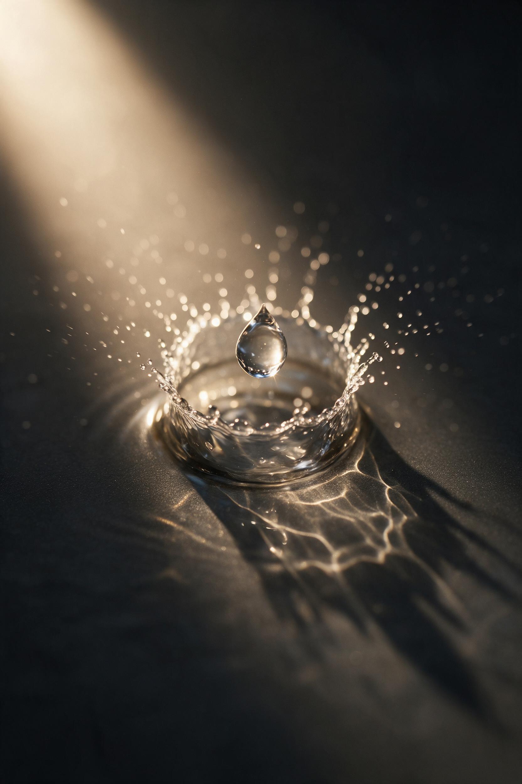 A single droplet of water frozen mid-fall, exploding into a crown of fine mist, illuminated by a shaft of warm golden light from the upper left, against a deep charcoal black background, subtle caustic lines on the dark surface below, captured at 1/4000s, sharp focus on the central splash with soft 