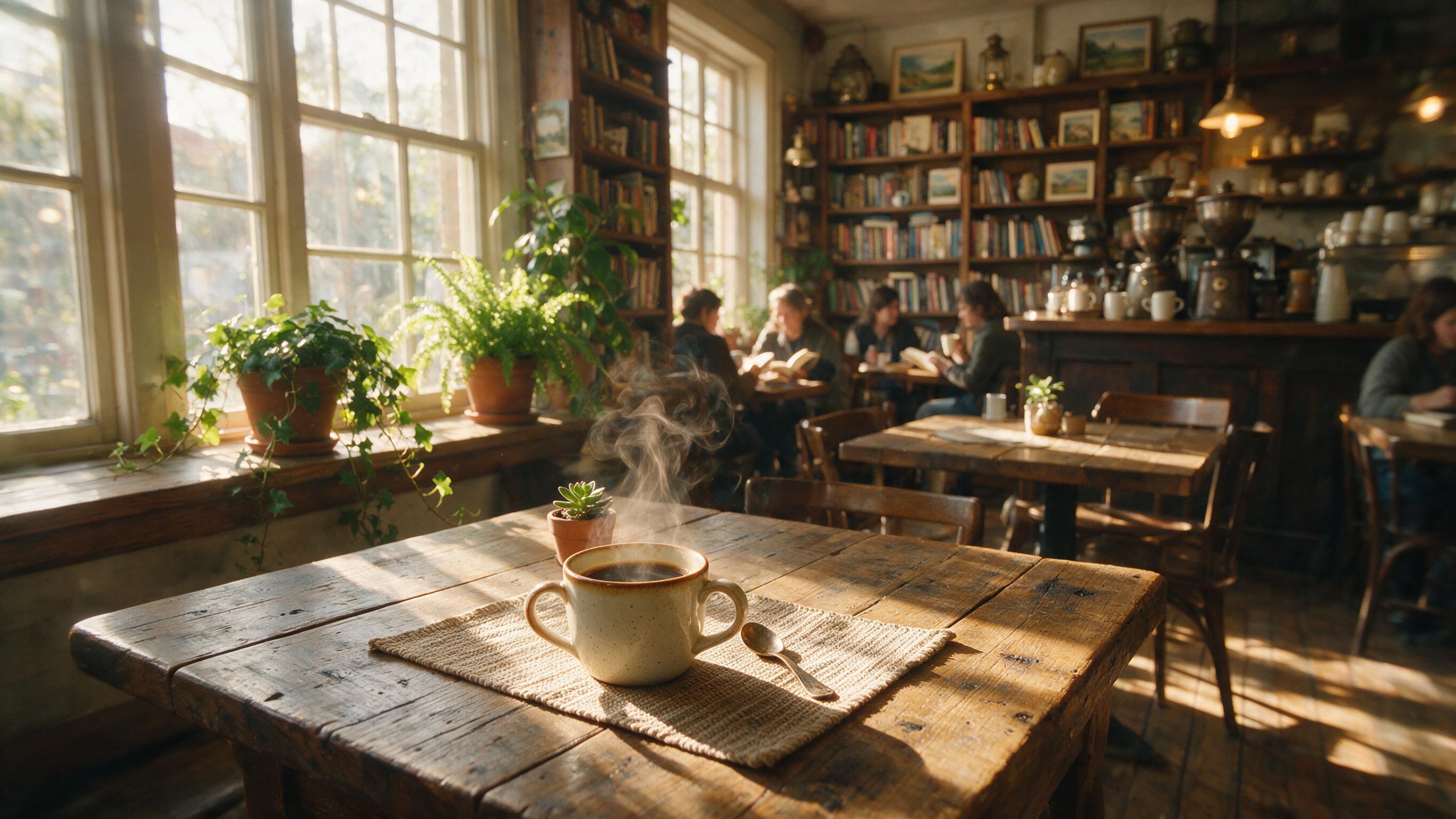 A cozy cafe interior in soft morning light, steam rising from a ceramic cup on a wooden table, warm tones, slight camera shake, natural window light casting shadows, bookshelves in background, shallow depth of field