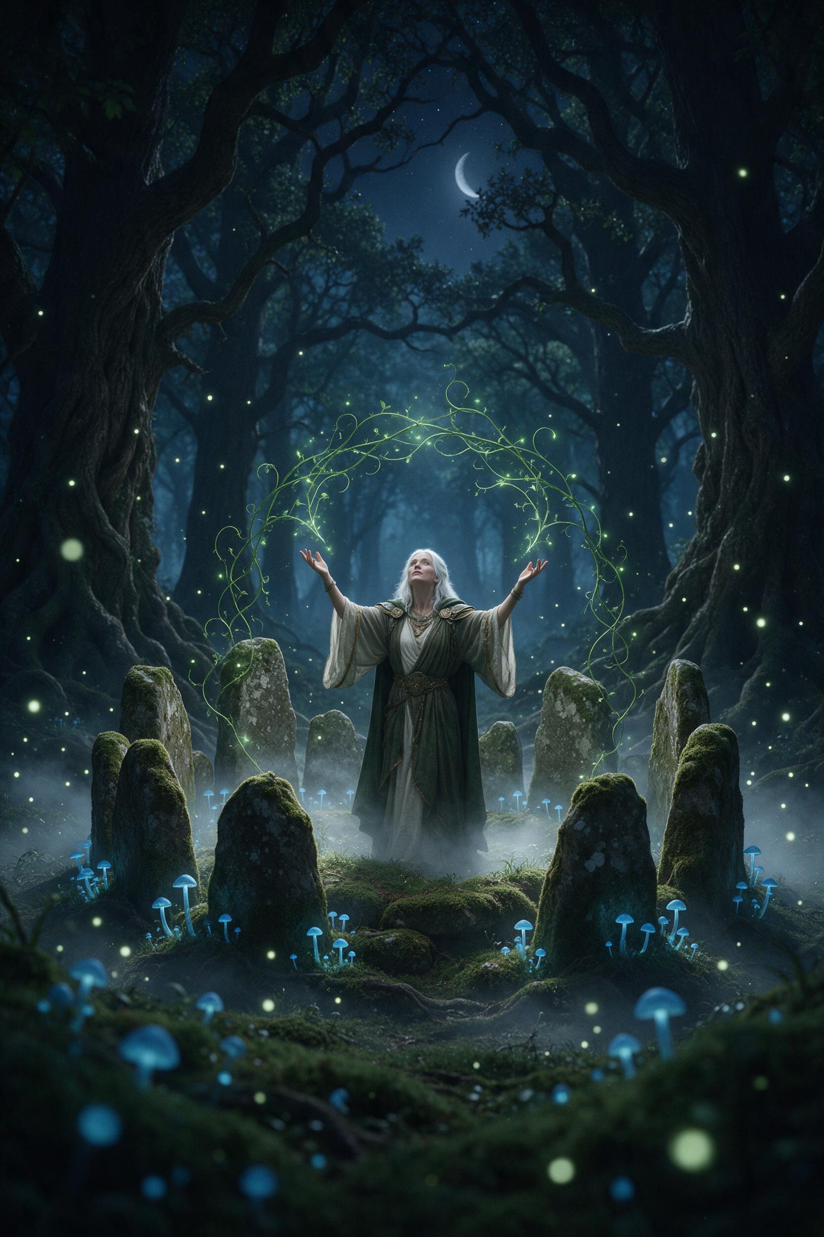 A moonlit clearing in an ancient forest, glowing blue mushrooms line a mossy stone circle, a silver-haired druidess in flowing robes channels glowing green vines overhead, mist curls around her feet, fireflies drift like stars, soft ethereal lighting, depth of field, subtle film grain