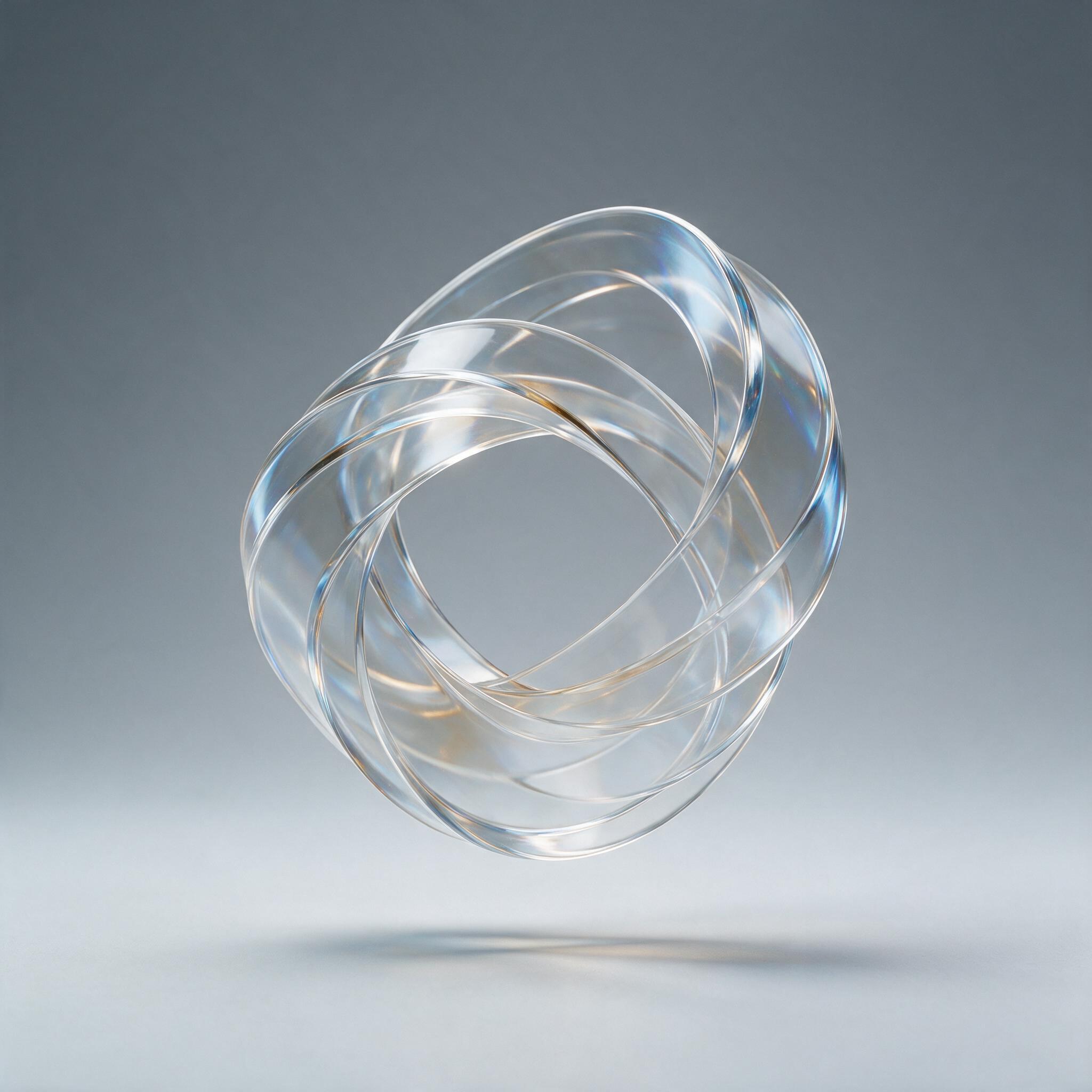 A minimalist composition of a single, curved, translucent geometric form, floating in a soft, gradient gray space. The form is made of fluid, overlapping layers of clear acrylic, catching subtle reflections of cool blue and warm amber light. The surface has a flawless, polished finish with minuscule