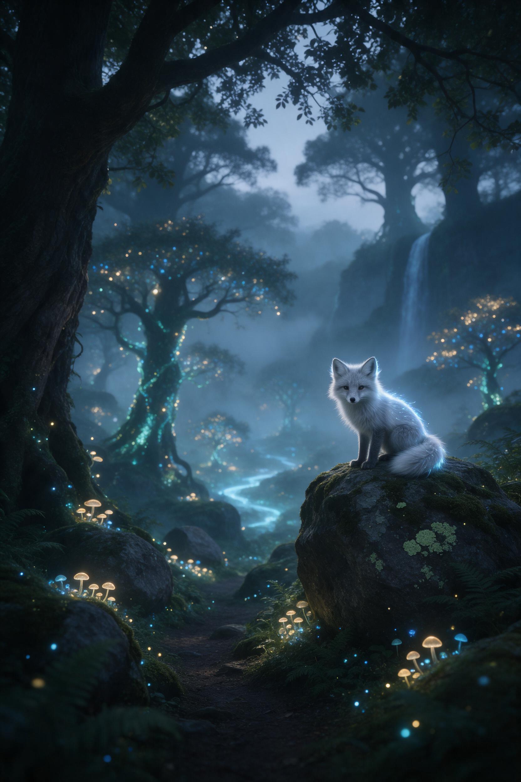 A misty bioluminescent forest at twilight, ancient towering trees with glowing blue and green vines, a small glowing fox with silver fur watching from a mossy rock, soft dappled light through fog, depth of field, muted magical atmosphere, cinematic composition