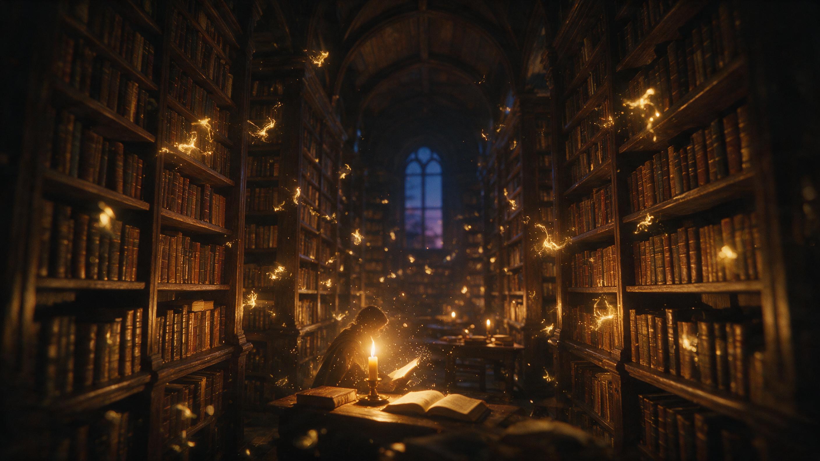 An ancient, glowing library at twilight, towering shelves of leather-bound books, floating wisps of golden light, a lone figure in a flowing cloak reading by a flickering candle, dust motes dancing in the air, warm amber tones, deep shadows, narrow depth of field, slight vignette, film grain, myster
