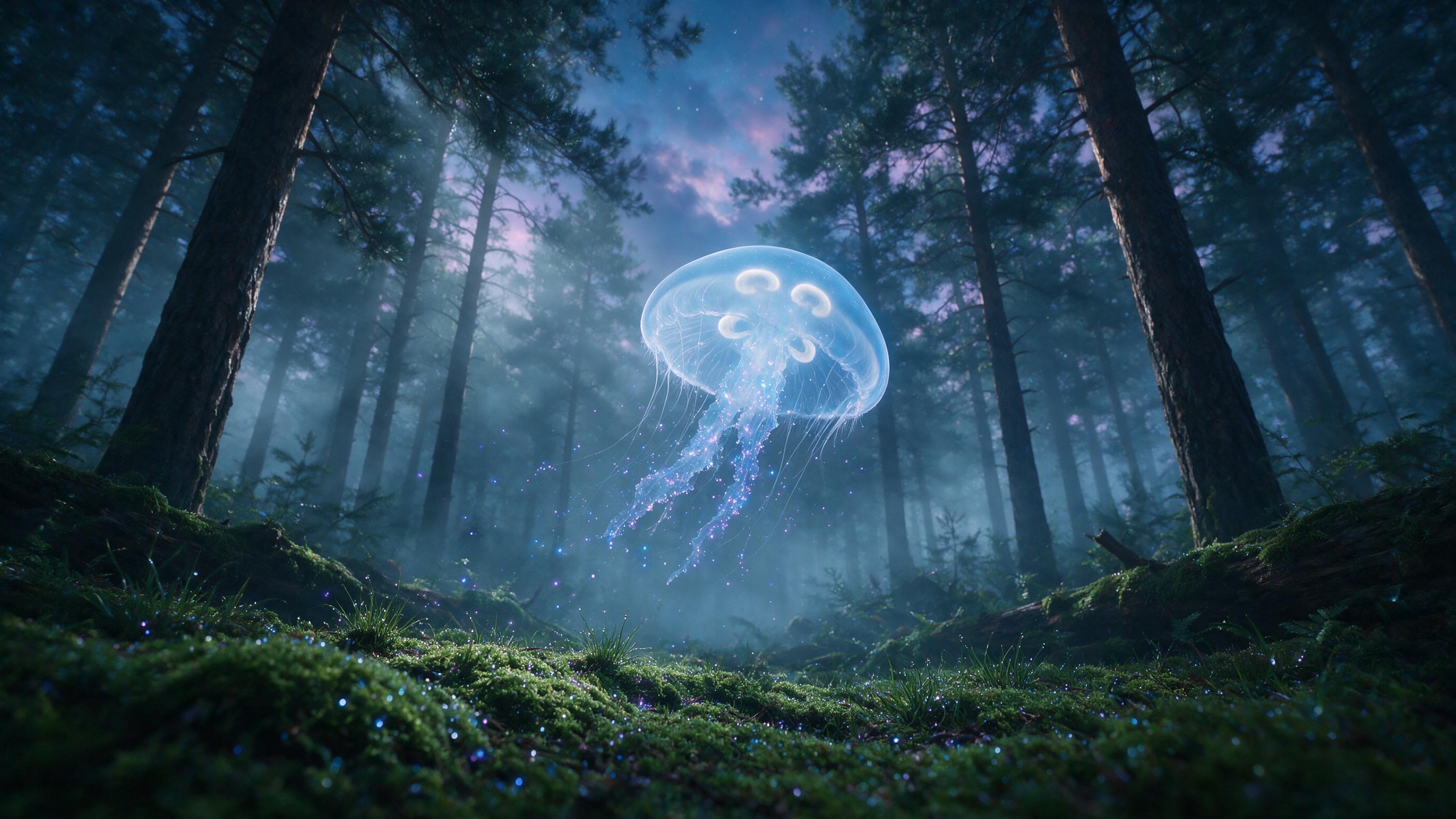 A glowing, translucent moon jellyfish drifts through a twilight forest, its tentacles trailing bioluminescent spores. Soft, diffused light filters through misty pine trees, with subtle blue and violet hues reflecting off dew-covered moss. Shot from a low angle with a wide lens, creating depth and sc