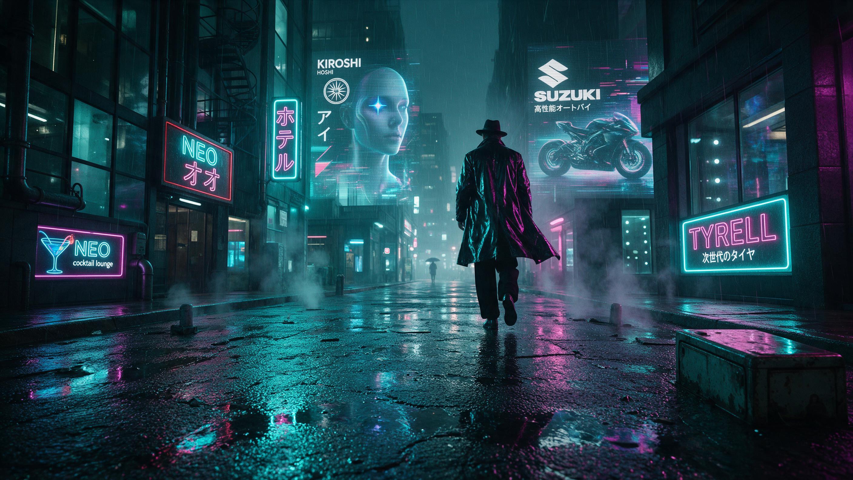 A neon-lit cyberpunk alley in rain, reflections on wet asphalt, holographic advertisements flickering on glass facades, a lone figure in a reflective coat walking away, steam rising from vents, moody cyan and magenta lighting, cinematic composition with leading lines, slight motion blur.