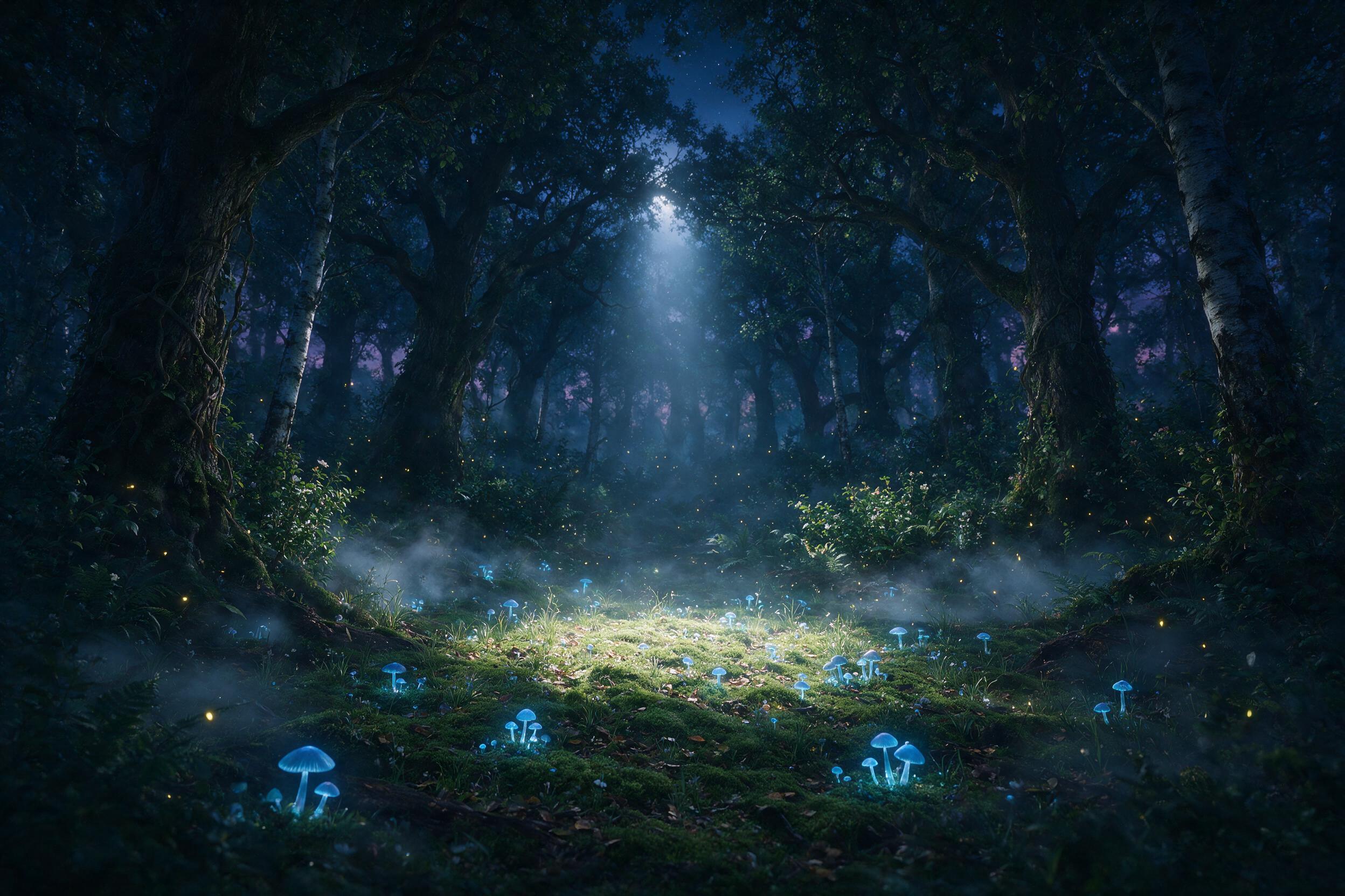 An enchanted forest clearing at twilight, glowing blue mushrooms scattered on mossy ground, a single beam of moonlight piercing through canopy, mist swirling, fireflies dancing, soft ethereal atmosphere, gentle chiaroscuro lighting, wide angle composition