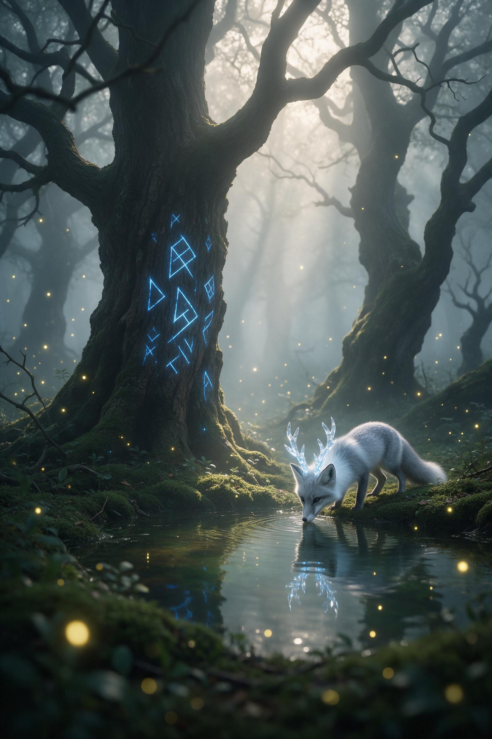 A misty emerald forest at dawn, ancient gnarled oak trees with glowing blue runes carved on bark, a tiny silver fox with crystalline antlers drinking from a mossy pond, soft volumetric light rays piercing fog, fireflies like floating lanterns, shallow depth of field, ethereal atmosphere.