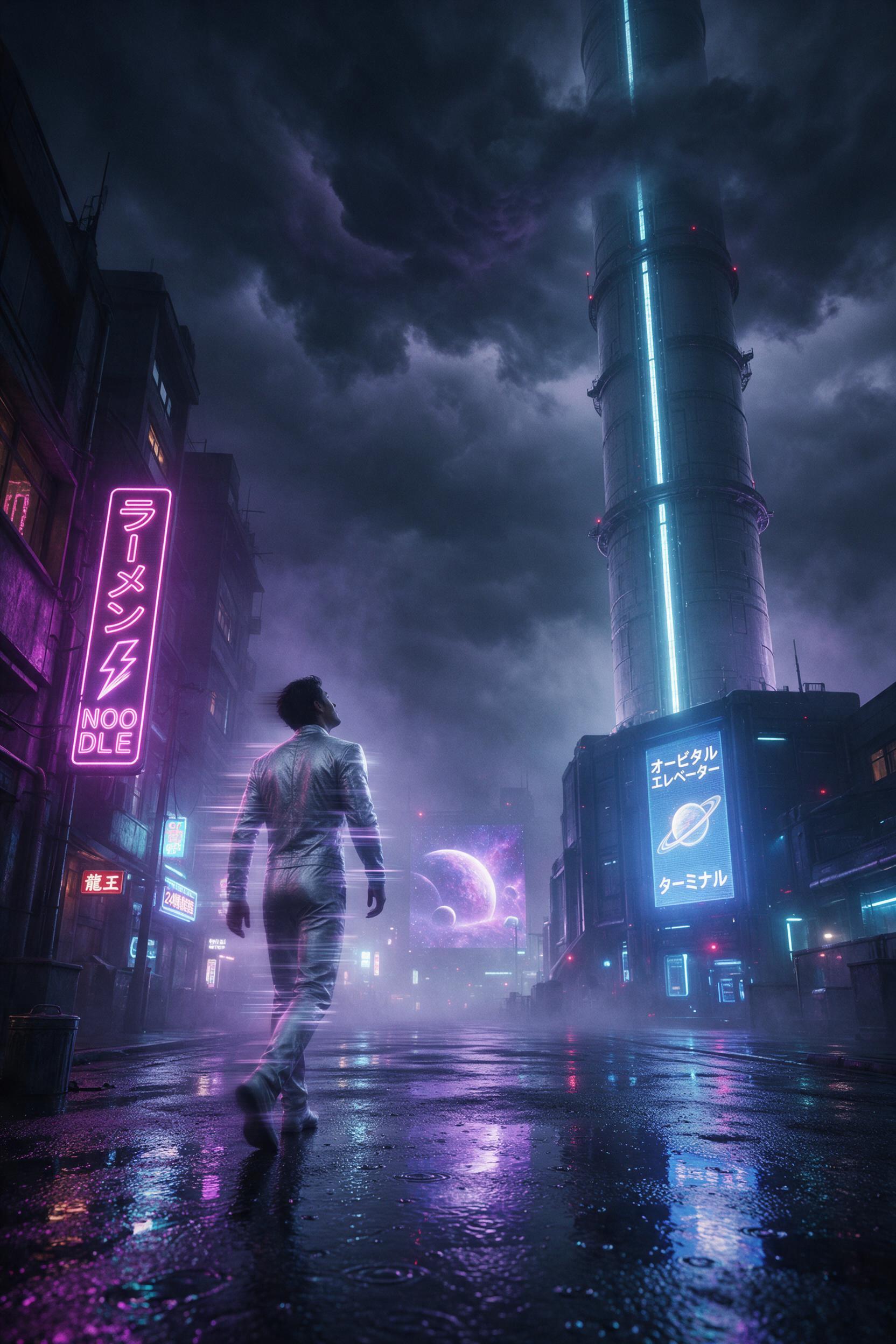 A lone figure in a silver suit walks down a rain-soaked neon alley in a cyberpunk city, reflections of violet and cyan signs shimmering on wet pavement, fog diffusing the glow, slow shutter blur on the suit's motion, looking upward at a massive orbital elevator cutting through storm clouds.