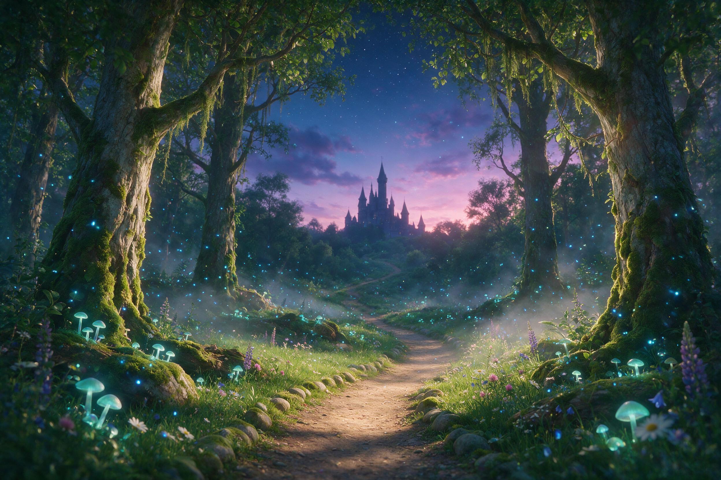 A mystical forest clearing at twilight, glowing bioluminescent mushrooms and floating blue fireflies, a winding path leading to a distant castle silhouette, soft mist and purple twilight sky, shallow depth of field with a slight lens flare