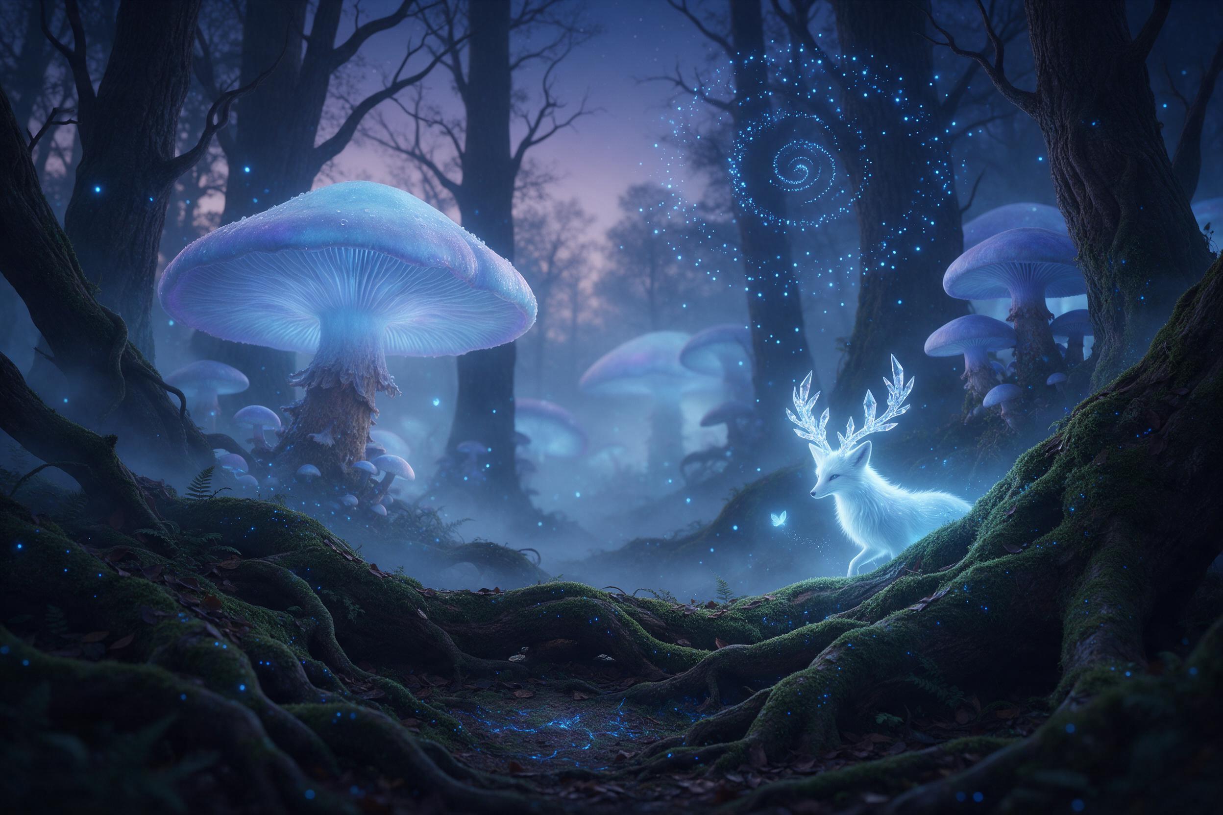 A misty ancient forest at twilight, colossal glowing mushrooms casting soft blue and violet light, a tiny glowing fox with crystal antlers peeking from behind mossy roots, ethereal fireflies swirling in spiral patterns, fog rolling between gnarled trees, cinematic composition with layered depth, nat