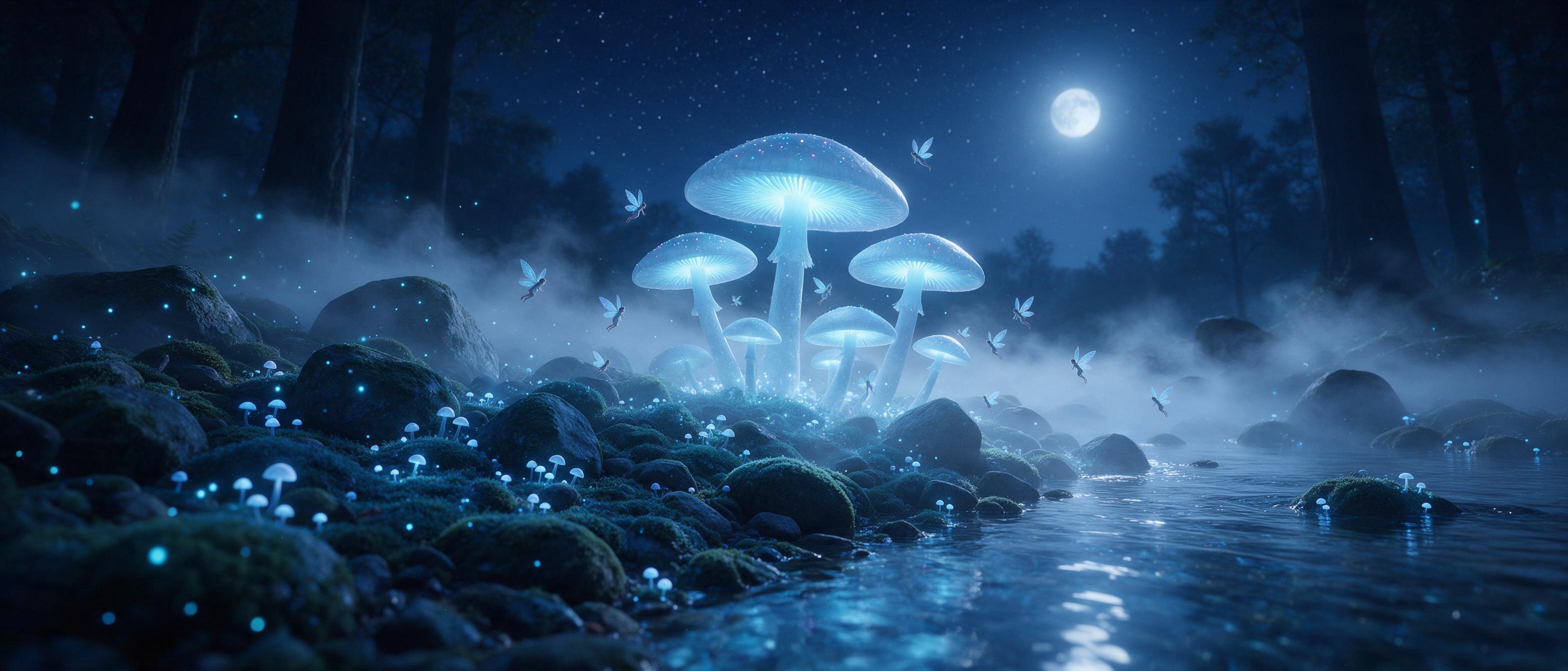 A misty moonlit forest clearing where giant glowing mushrooms emit soft blue light, tiny winged fairies flit between mossy stones, a crystal-clear stream reflects the stars, ethereal fog swirls low, cinematic wide shot, cool color palette.