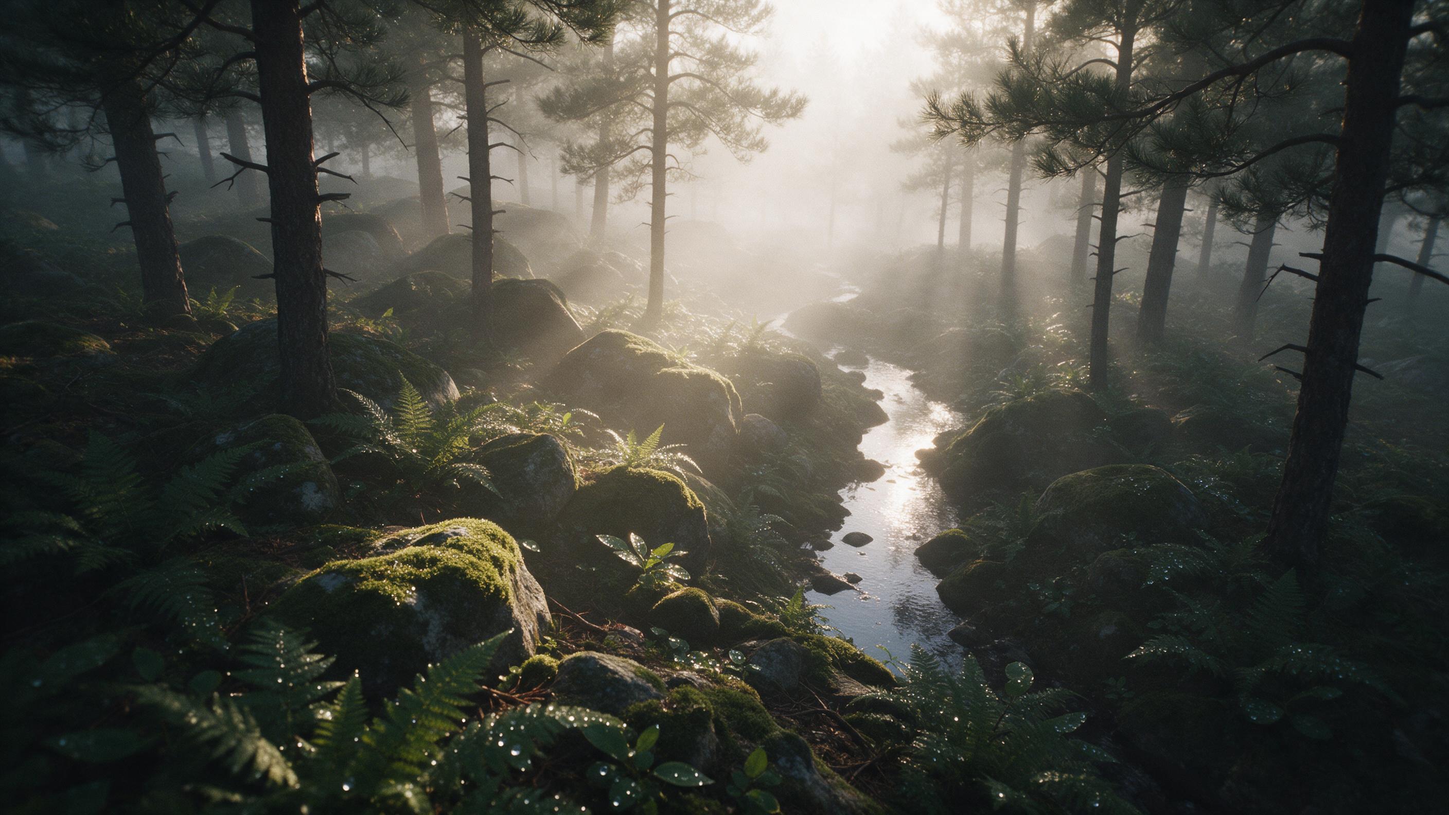 A misty pine forest at dawn, soft golden sunlight piercing through fog, rays illuminating moss-covered rocks and ferns, a narrow winding stream reflecting the morning light, dew drops on leaves, gentle haze in the background, subtle grain, natural color grading, shot on a medium format camera with a
