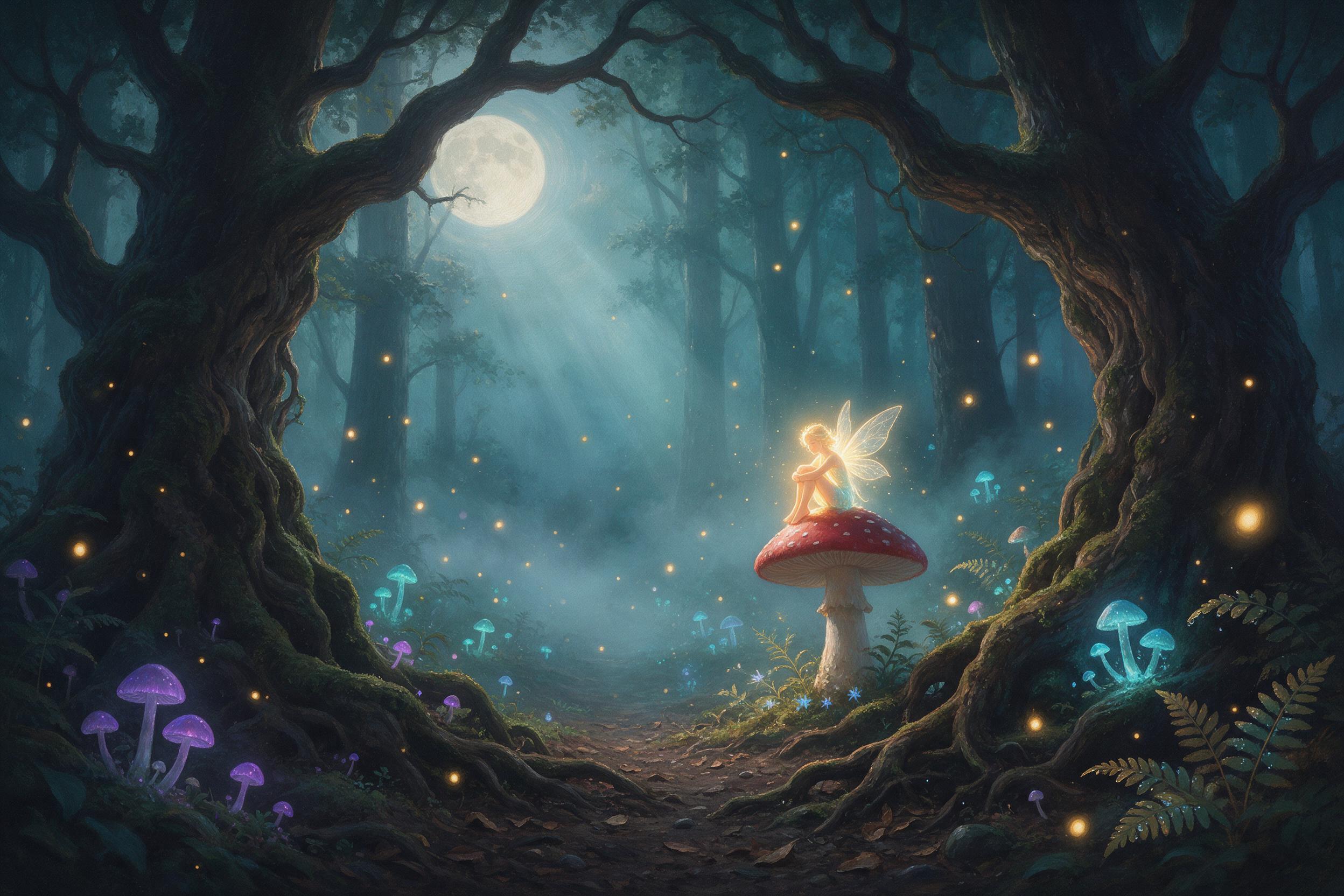A moonlit forest clearing with bioluminescent mushrooms and floating fireflies, ancient gnarled trees wrapped in moss, a tiny glowing fairy perched on a toadstool, soft blue and green mist, dreamlike atmosphere, gentle volumetric light through canopy, shallow depth of field, painterly texture