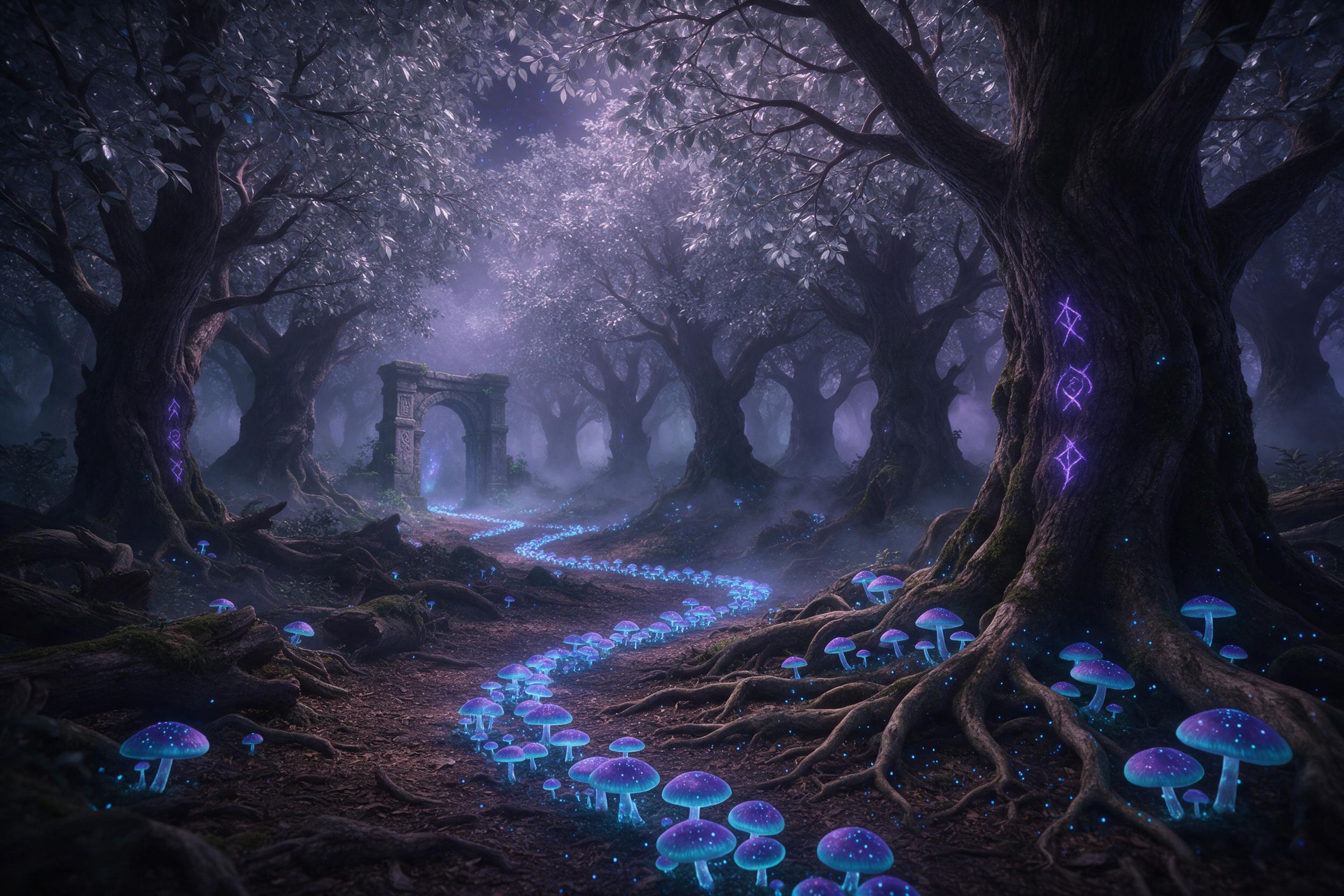 An ancient forgotten forest where bioluminescent mushrooms grow in spiraling patterns along a winding path. A faint mist drifts between massive gnarled trees, their bark etched with glowing glyphs. Soft purple and teal light filters through a canopy of silver leaves. In the distance, a stone archway