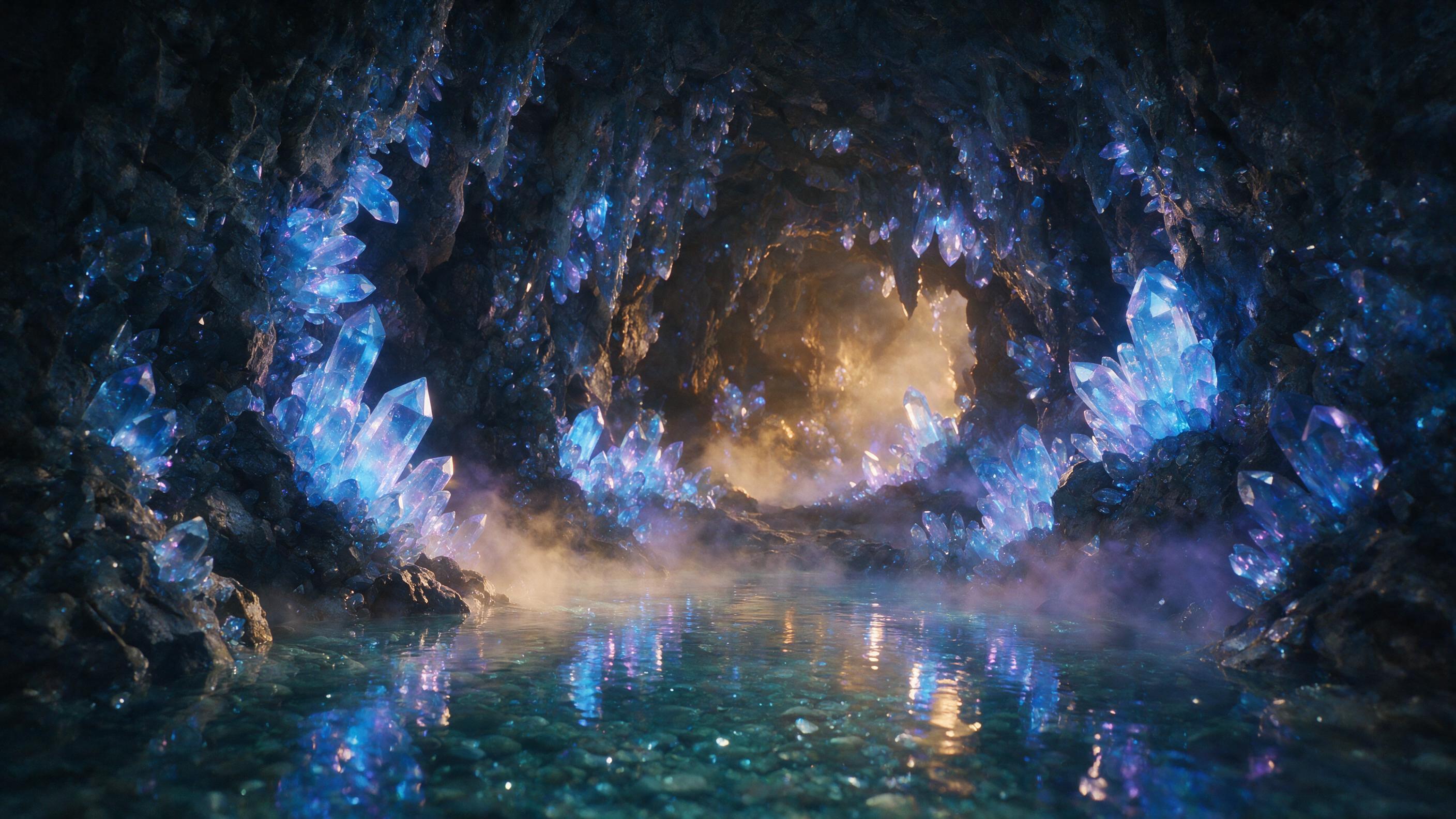 A luminous crystal cave deep underground, glowing blue and purple crystals embedded in rough stone walls, a shallow pool reflects the light, soft mist drifts, warm amber light from a distant source, ethereal atmosphere, medium shot, cinematic composition, natural diffusion