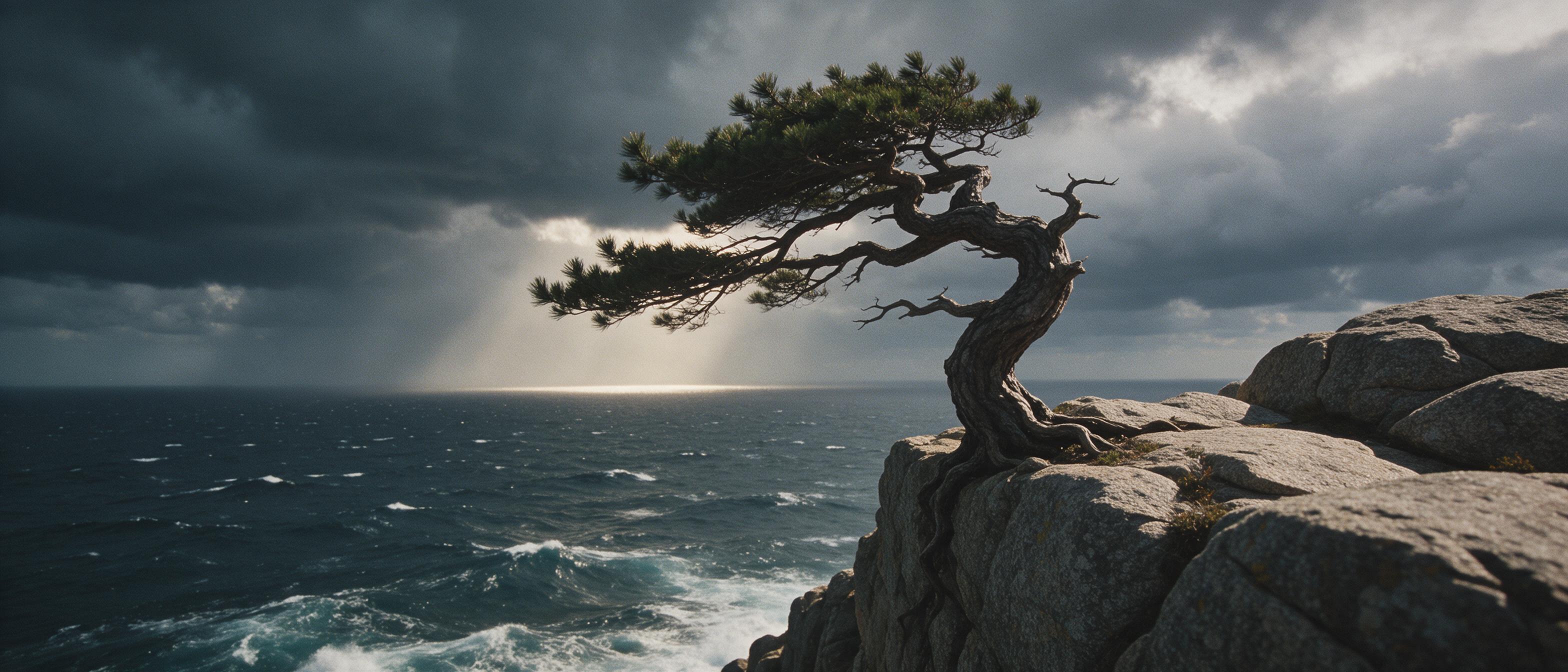 A lone gnarled pine clings to a granite cliff edge, its branches twisted by fierce winds. The sea below churns with whitecaps under a stormy sky, where a single beam of sunlight breaks through the clouds, illuminating the distant horizon. Shot on film, grainy texture, muted colors, epic wide composi