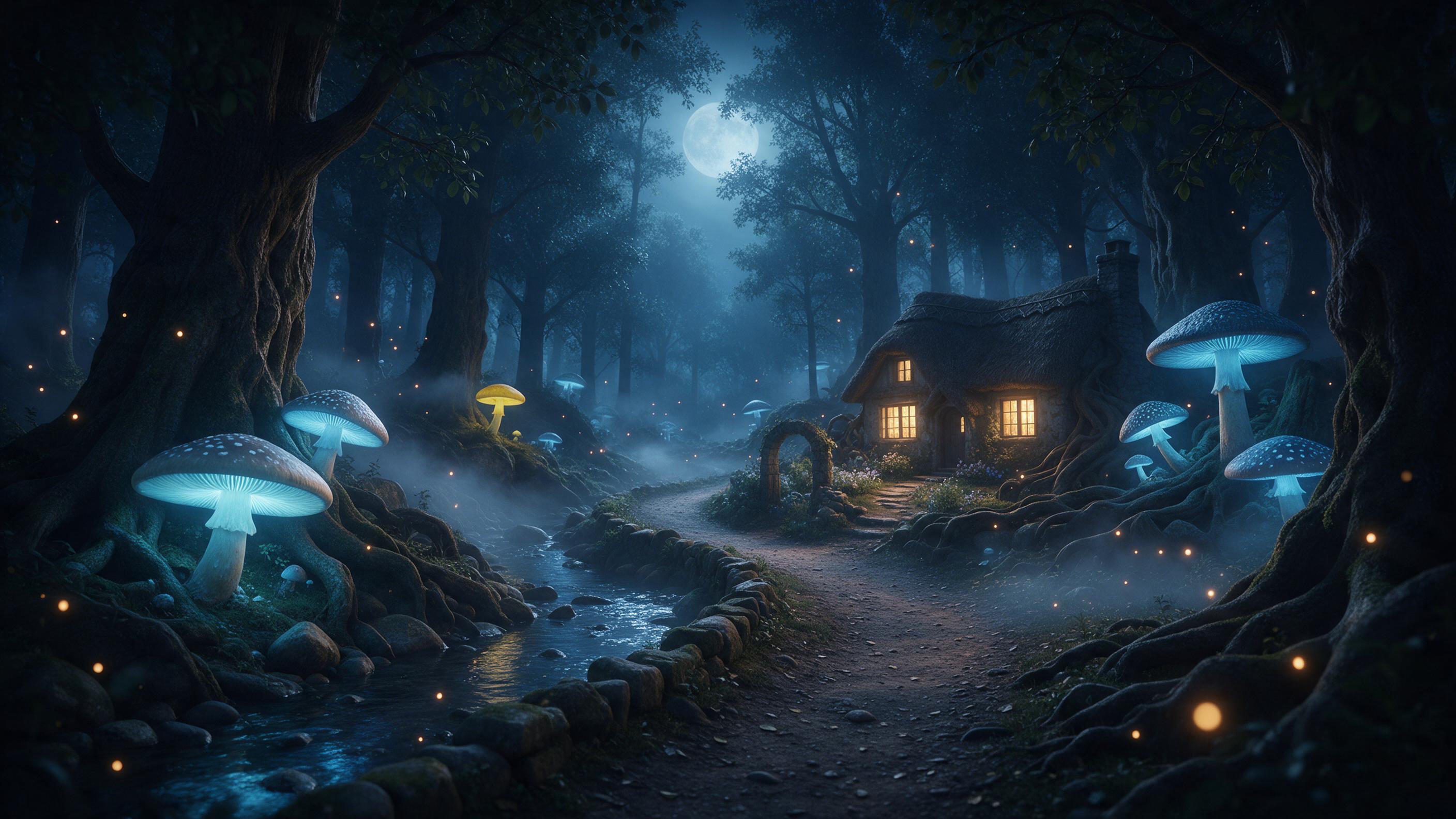 A moonlit enchanted forest with giant glowing mushrooms casting soft blue light on a winding path, fireflies drifting, a small thatched cottage nestled among gnarled roots, mist rolling over mossy stones, ethereal atmosphere, deep shadows and luminous highlights, cinematic composition with the path 