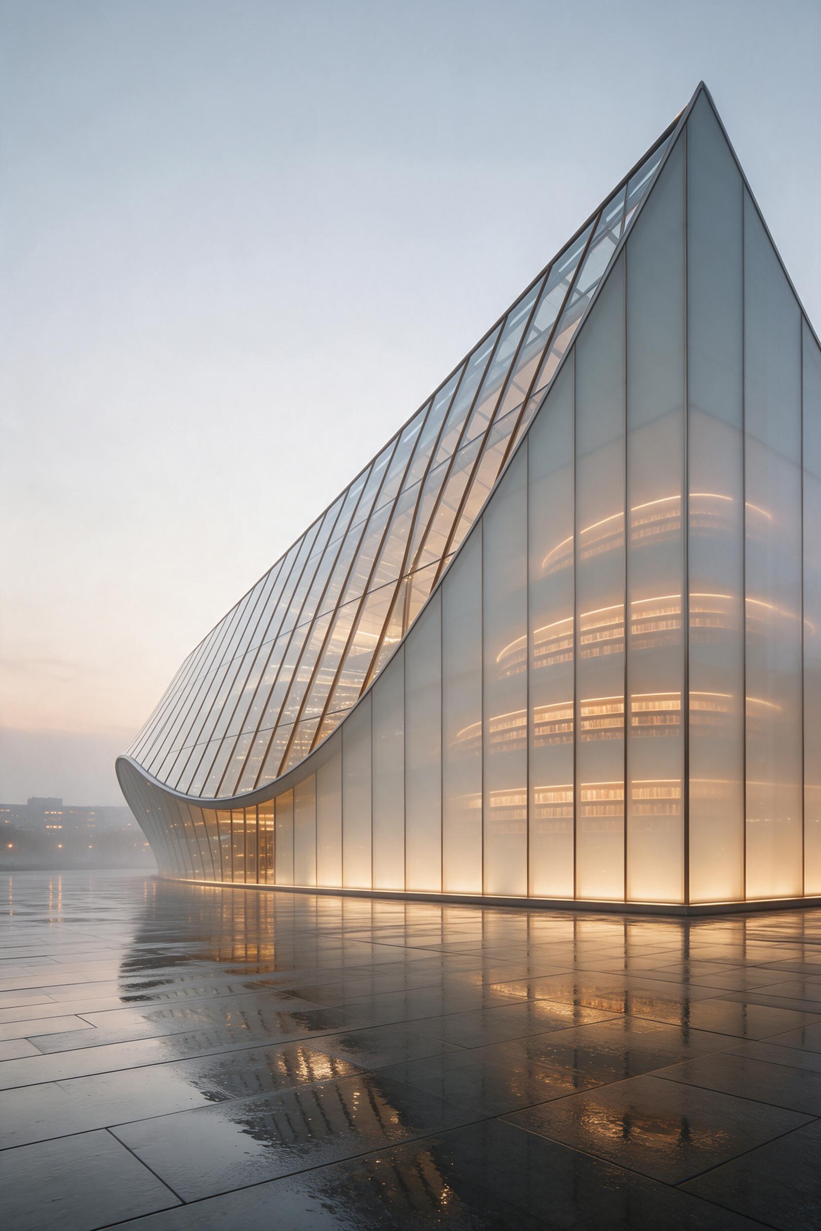 Low-angle view of a futuristic library with a sweeping glass canopy, translucent panels catching warm evening light, interior shelves glowing softly, reflection on a wet plaza, slight haze, minimalist composition, no people, no foreground clutter