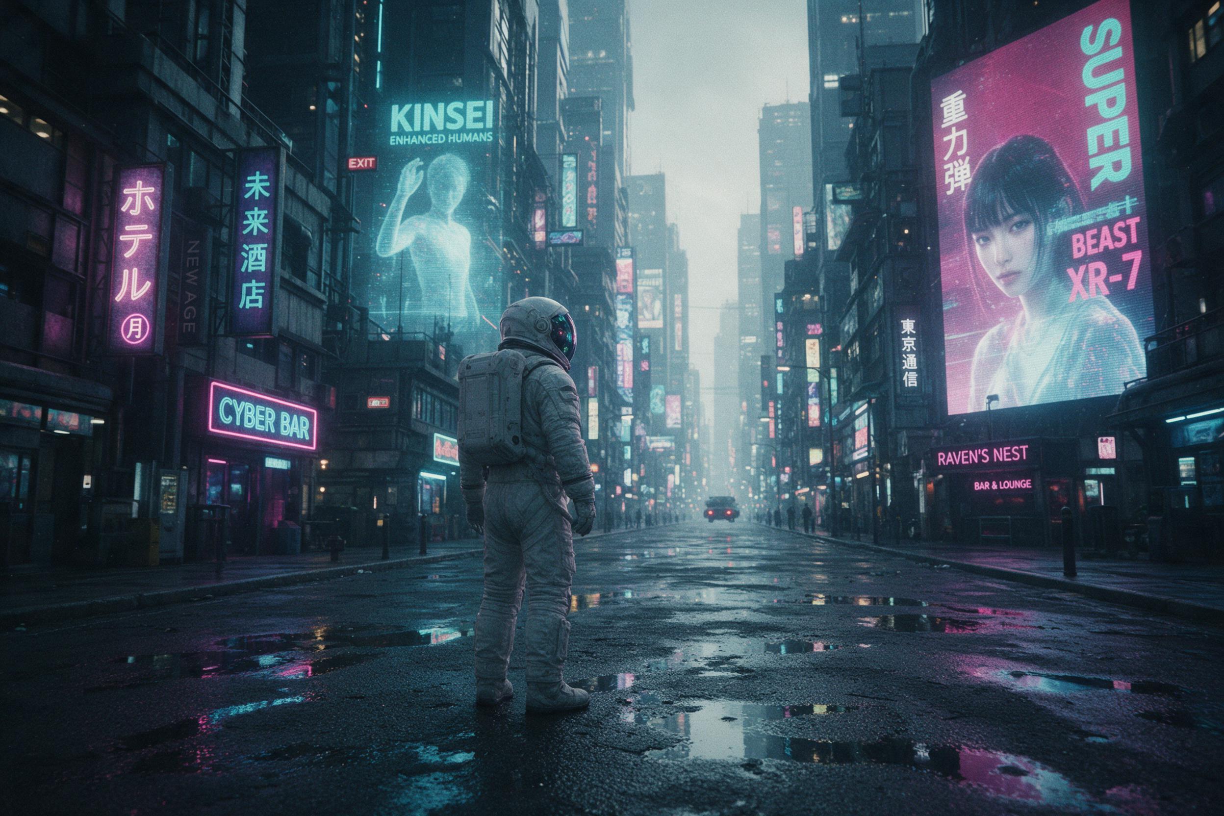 A lone astronaut stands on a rain-slicked neon-lit street in a cyberpunk city, towering holographic advertisements reflecting in puddles, atmospheric haze, muted color palette with cyan and magenta accents, cinematic wide shot, subtle film grain, slightly blurred background depths.