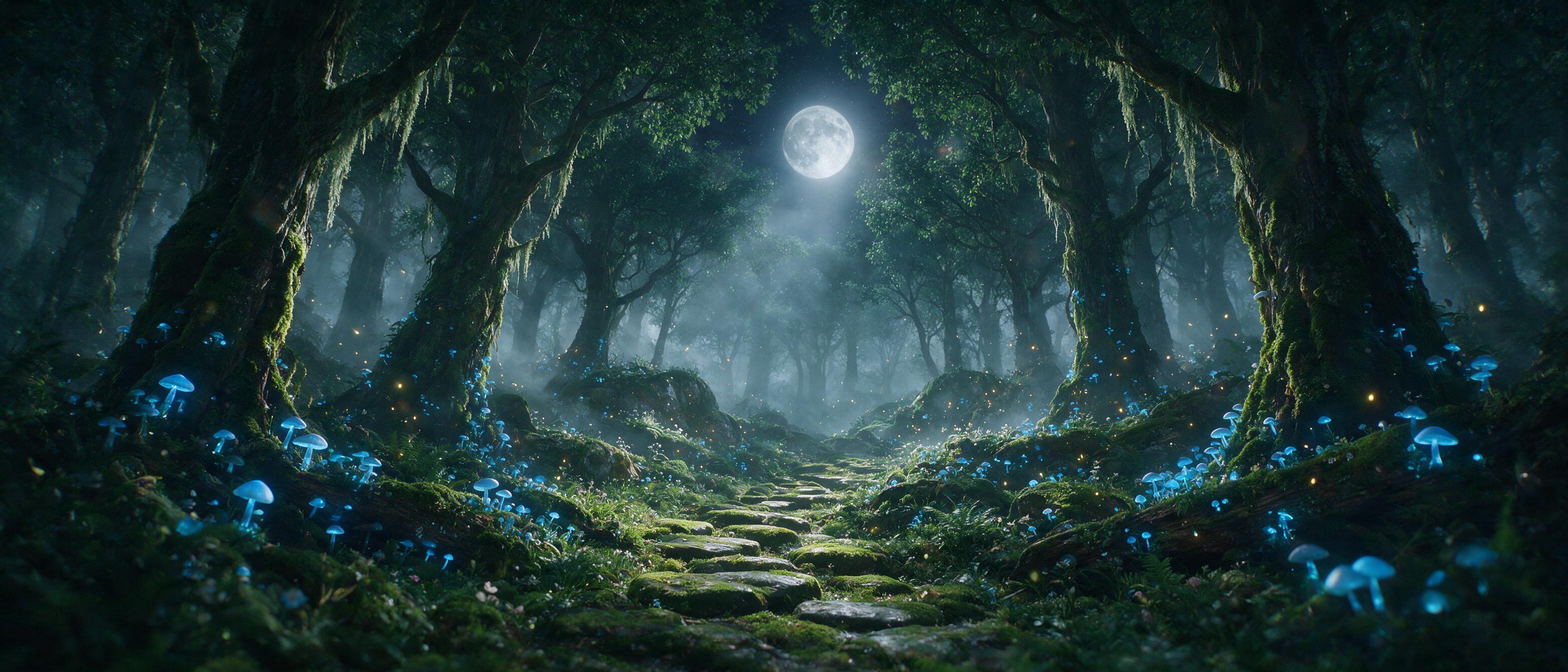 A misty, moonlit forest with glowing blue mushrooms and ancient, gnarled trees. Soft, ethereal light filters through the canopy, illuminating a winding path of mossy stones. Fireflies dance in the air, creating a magical, serene atmosphere. Slight lens flare, natural light, cinematic composition.