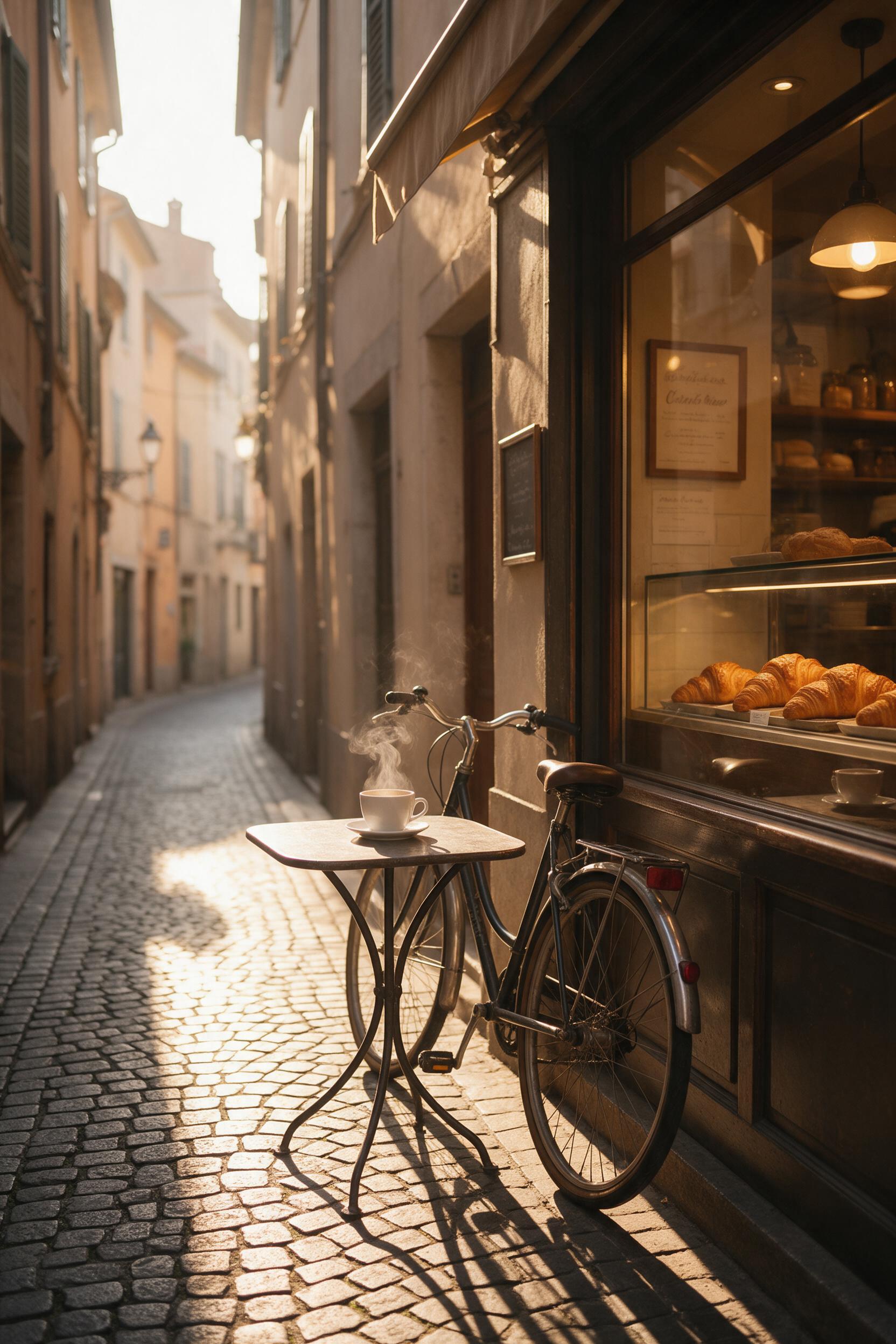 Sunlit morning in a narrow European alley, warm golden light on cobblestones, a bicycle leaning against a bakery with fresh croissants in the window, steam rising from a coffee cup on a small iron table, soft shadows, atmospheric depth