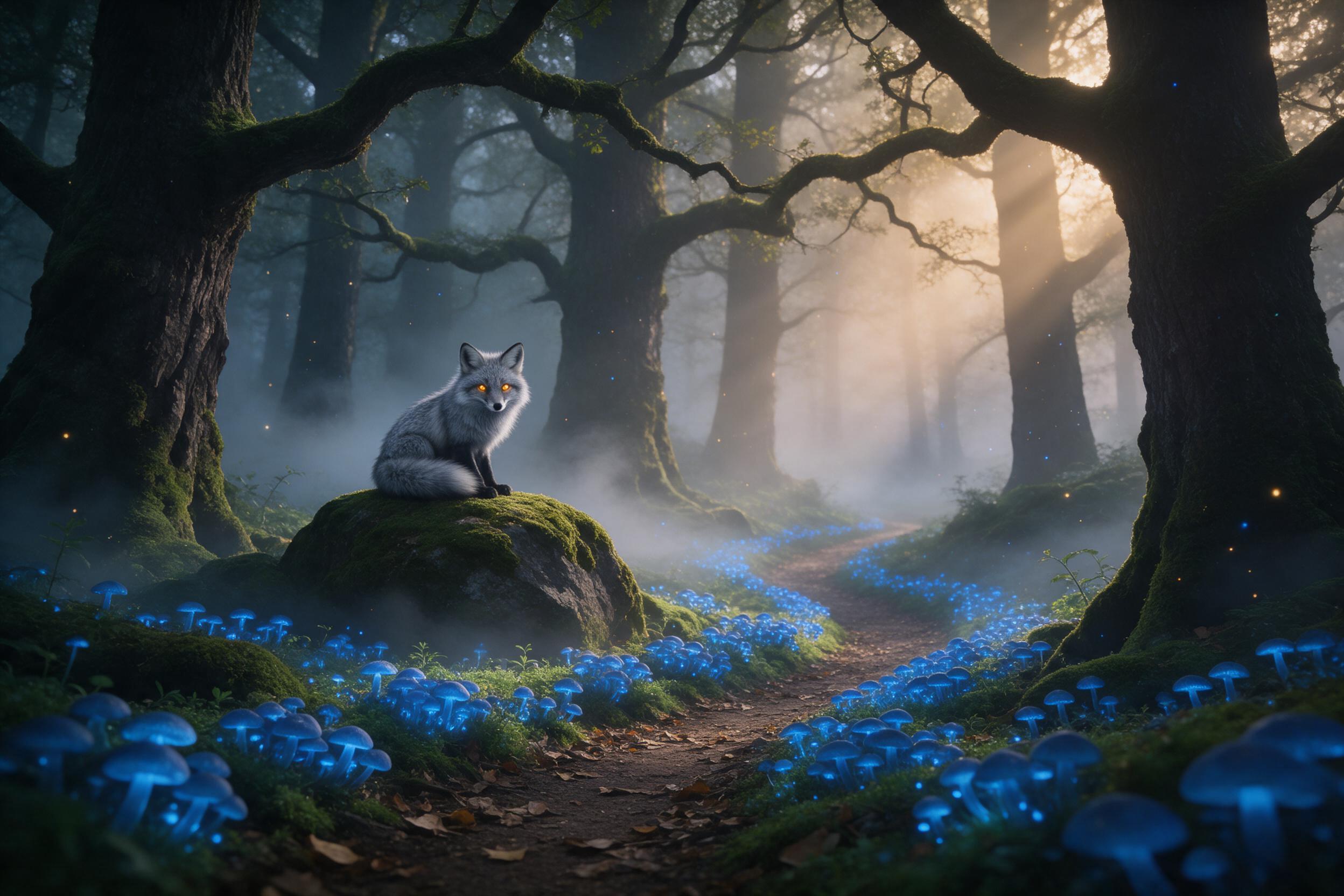 A misty ancient forest at dawn, bioluminescent blue mushrooms lining a winding path, ethereal light rays filtering through towering mossy oaks, a small fox with silver fur and glowing amber eyes perched on a moss-covered rock, soft dreamy atmosphere, gentle fog swirling, cinematic composition with d