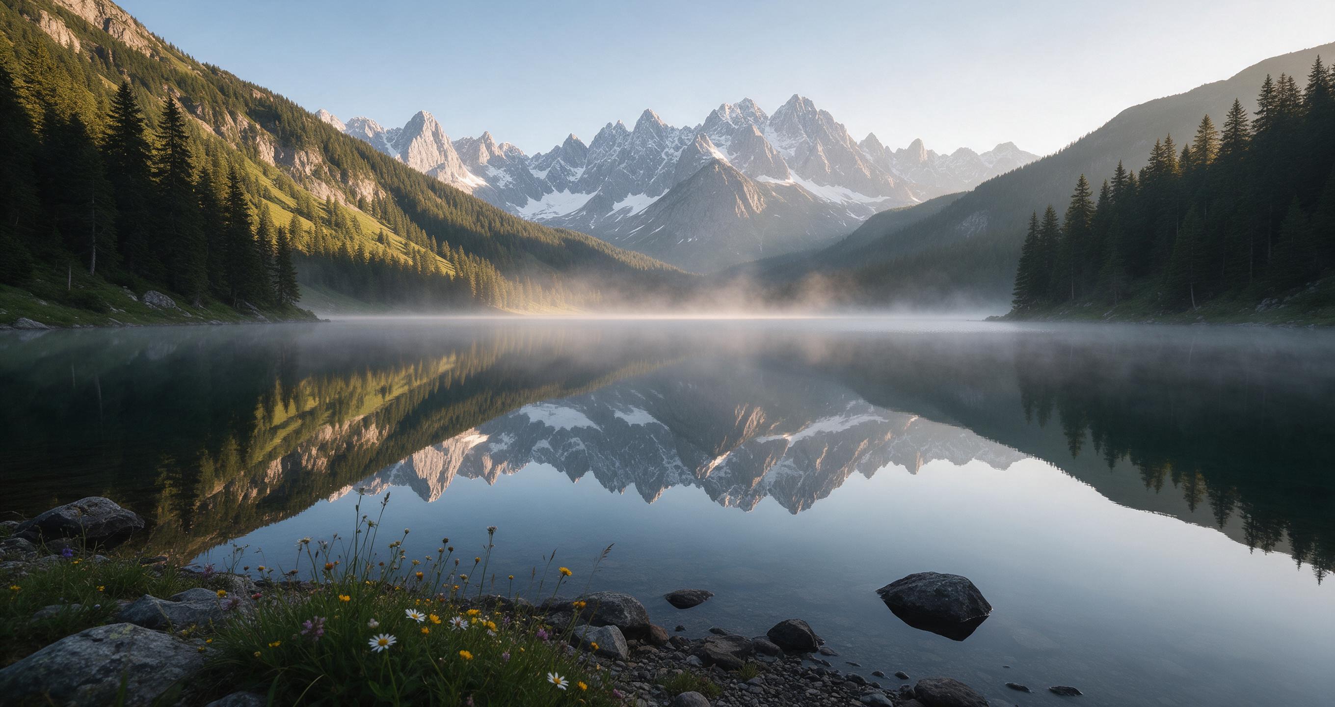 A tranquil alpine lake at dawn, mirror-still surface reflecting jagged snow-capped peaks, soft golden morning light casting long shadows across pine-forested slopes, a gentle mist rising from the water, small rocky shore with wildflowers in foreground, wide-angle composition emphasizing depth and se