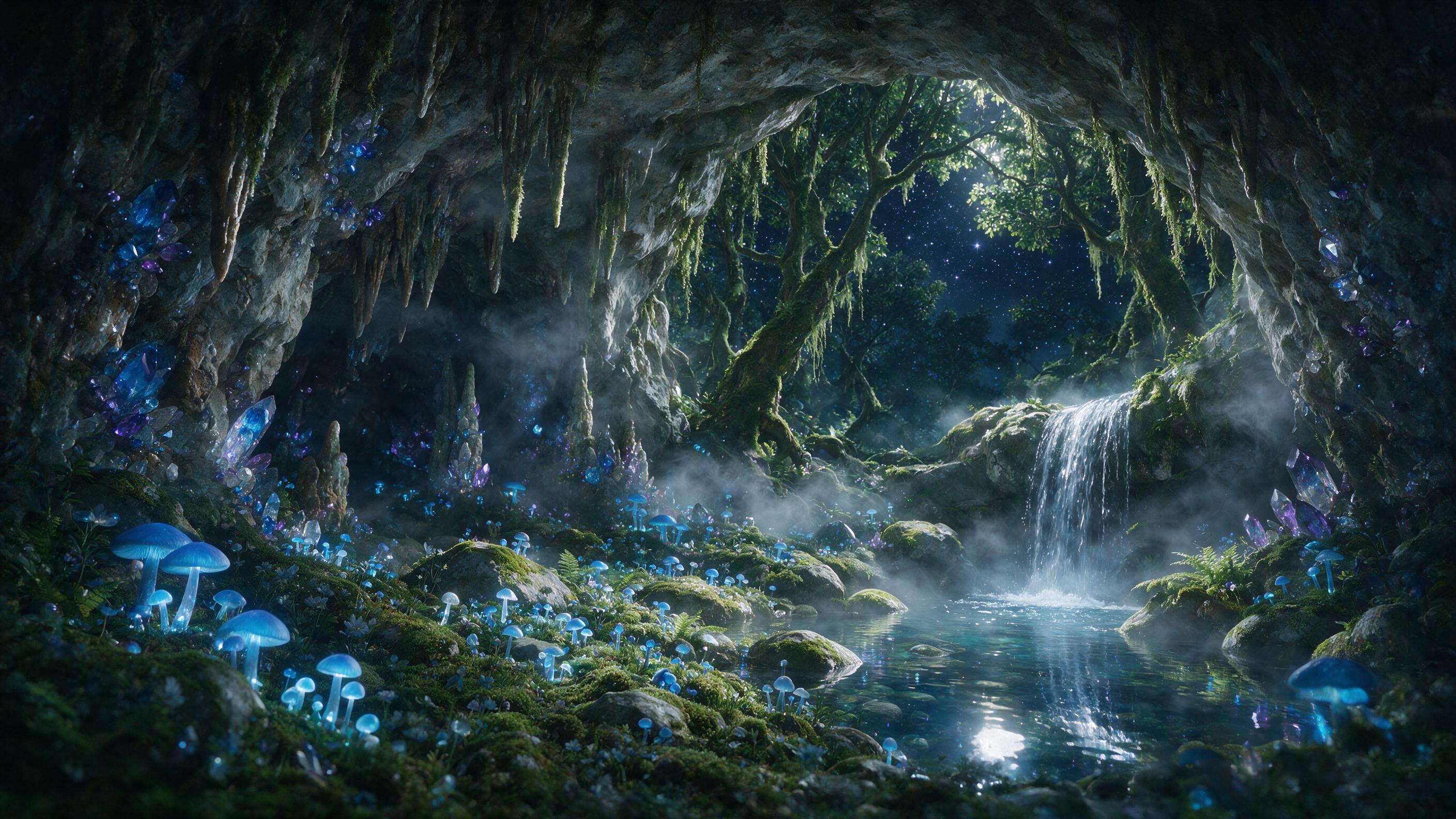 A luminous crystal cave hidden beneath a moonlit forest, glowing blue mushrooms carpet the mossy floor, a gentle waterfall cascades into a pool reflecting starry sky, mist swirling, ethereal light, soft focus, dreamlike atmosphere, no harsh shadows.