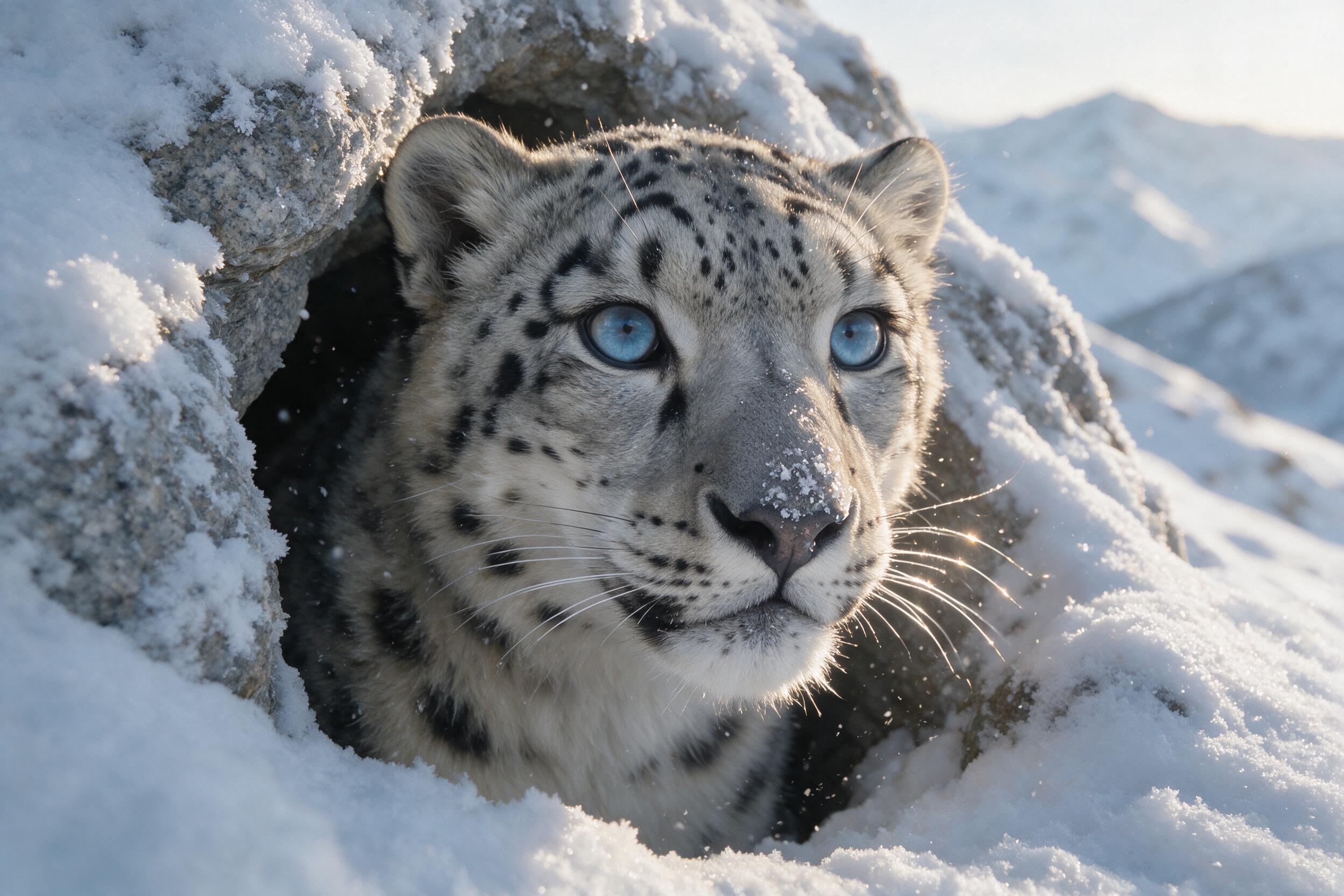 A close-up of a snow leopard's face emerging from a snow-covered rock crevice, fur texture visible, icy blue eyes reflecting light, soft morning sun illuminating whiskers, snowflakes melting on its nose, shallow depth of field, natural winter palette.