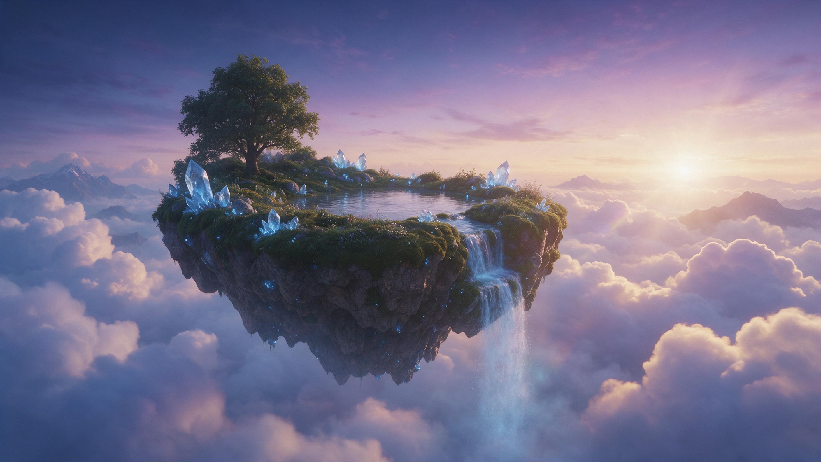A serene floating island at twilight, glowing blue crystals embedded in mossy rocks, a small waterfall cascading into mist below, surrounded by soft clouds, warm golden light from the horizon, gentle lens flare, cinematic composition, dreamy atmosphere
