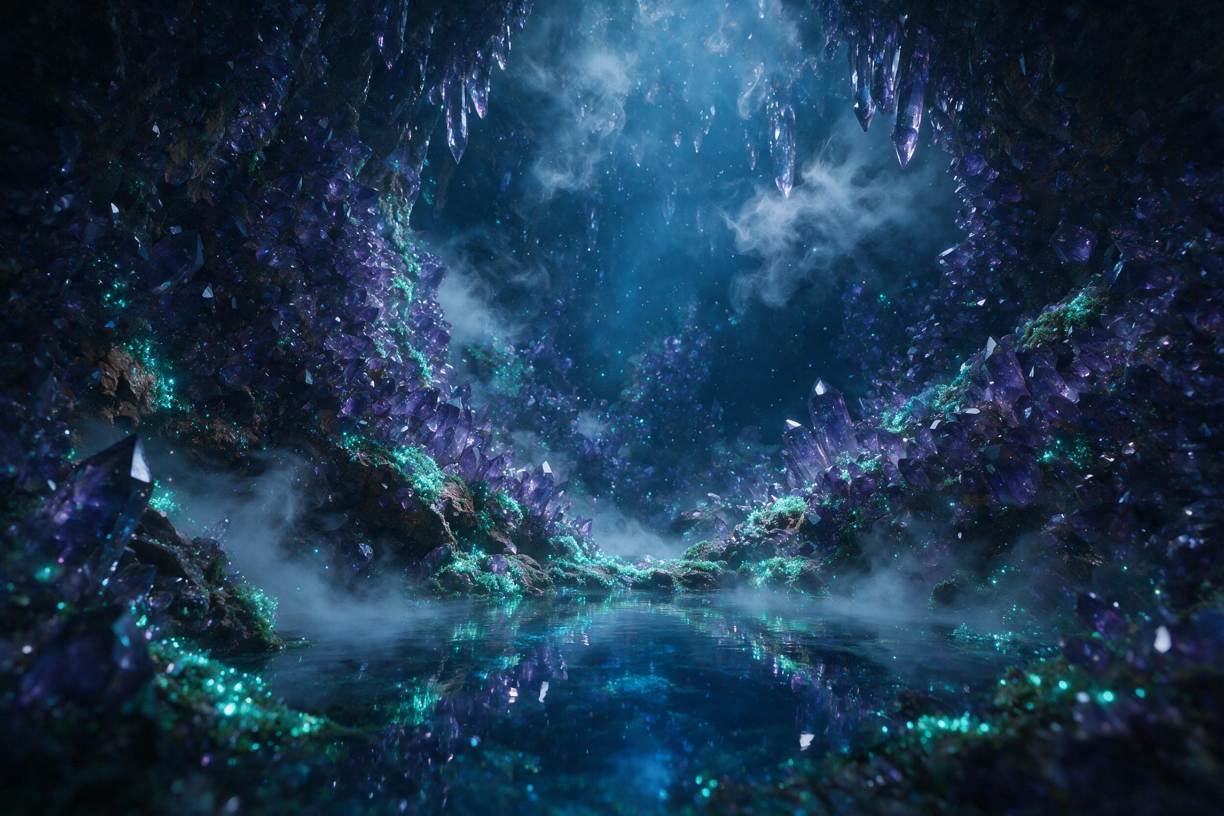 A glowing crystal cave deep underground, bioluminescent moss clings to jagged amethyst walls, a still pool reflects soft blue light, ethereal mist swirls, faint particles float in the air, low angle, volumetric lighting, dreamy and mysterious atmosphere