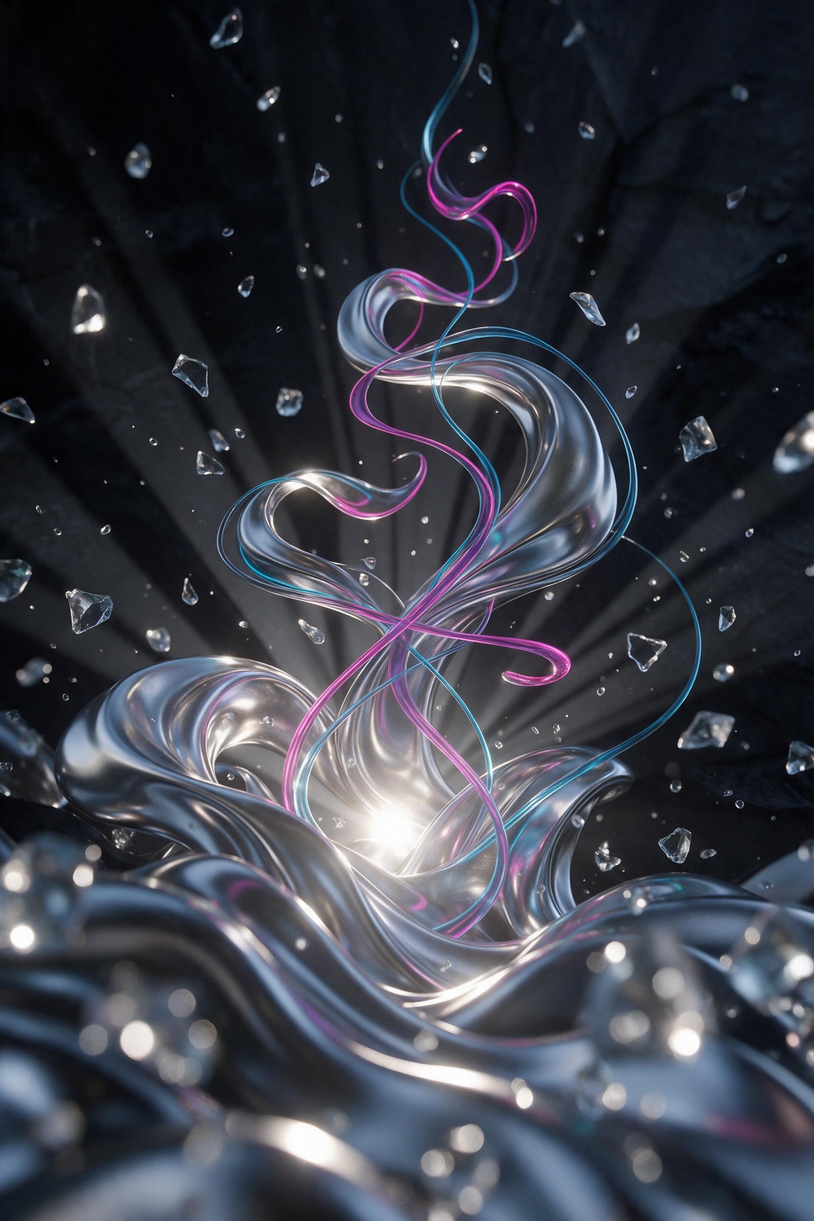 Iridescent liquid chrome undulating through dark obsidian void, thin ribbons of neon magenta and electric cyan weaving between molten silver folds, fragmented glass shards floating in zero gravity, harsh rim lighting from a single low sun casting long shadow webs, macro lens shallow depth of field s