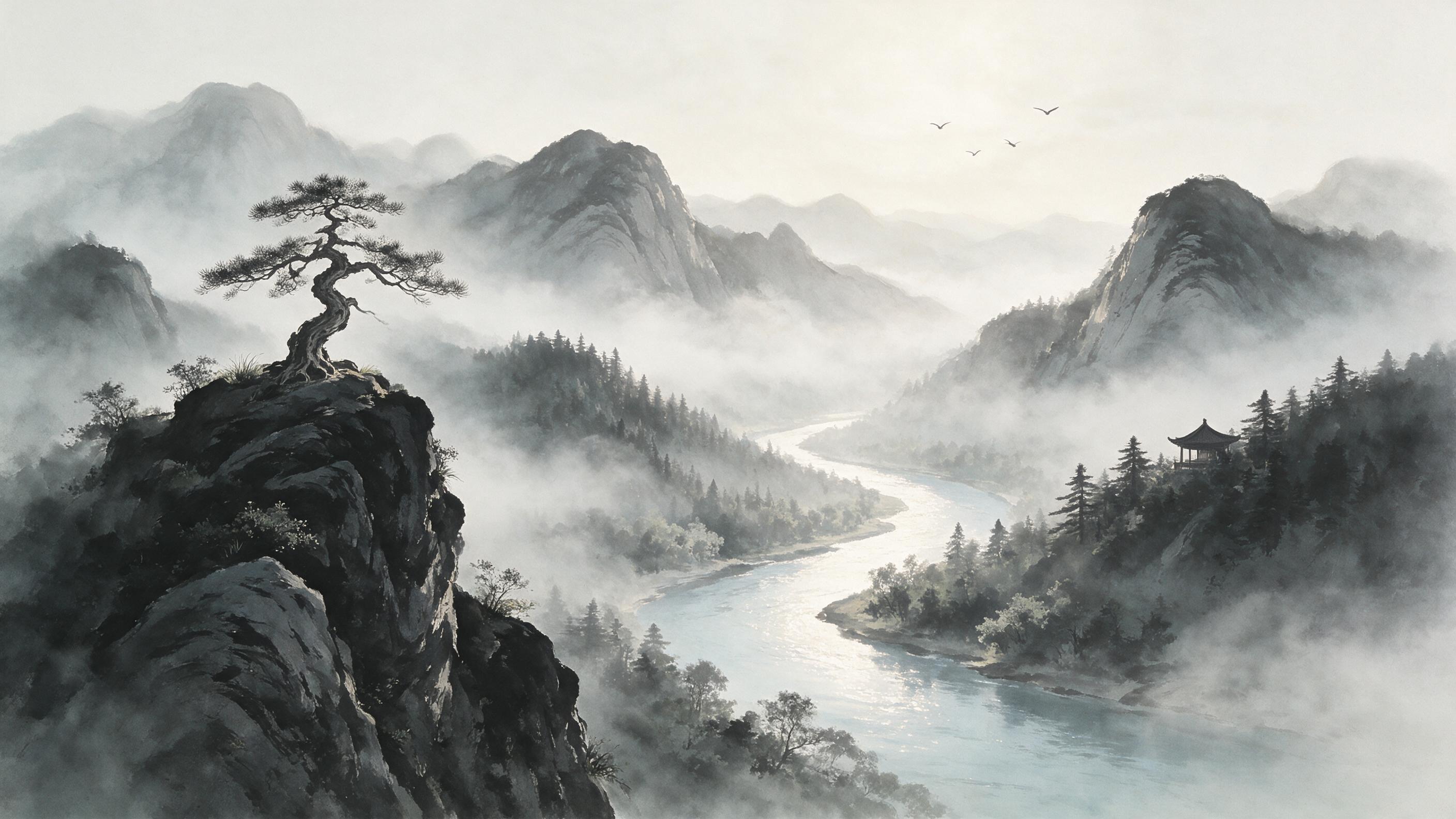 Ink wash landscape of misty mountains layered in gray and black, lone pine tree on a cliff, river winding through valley, soft brushstroke edges, subtle watercolor texture, peaceful morning light, empty space, zen atmosphere