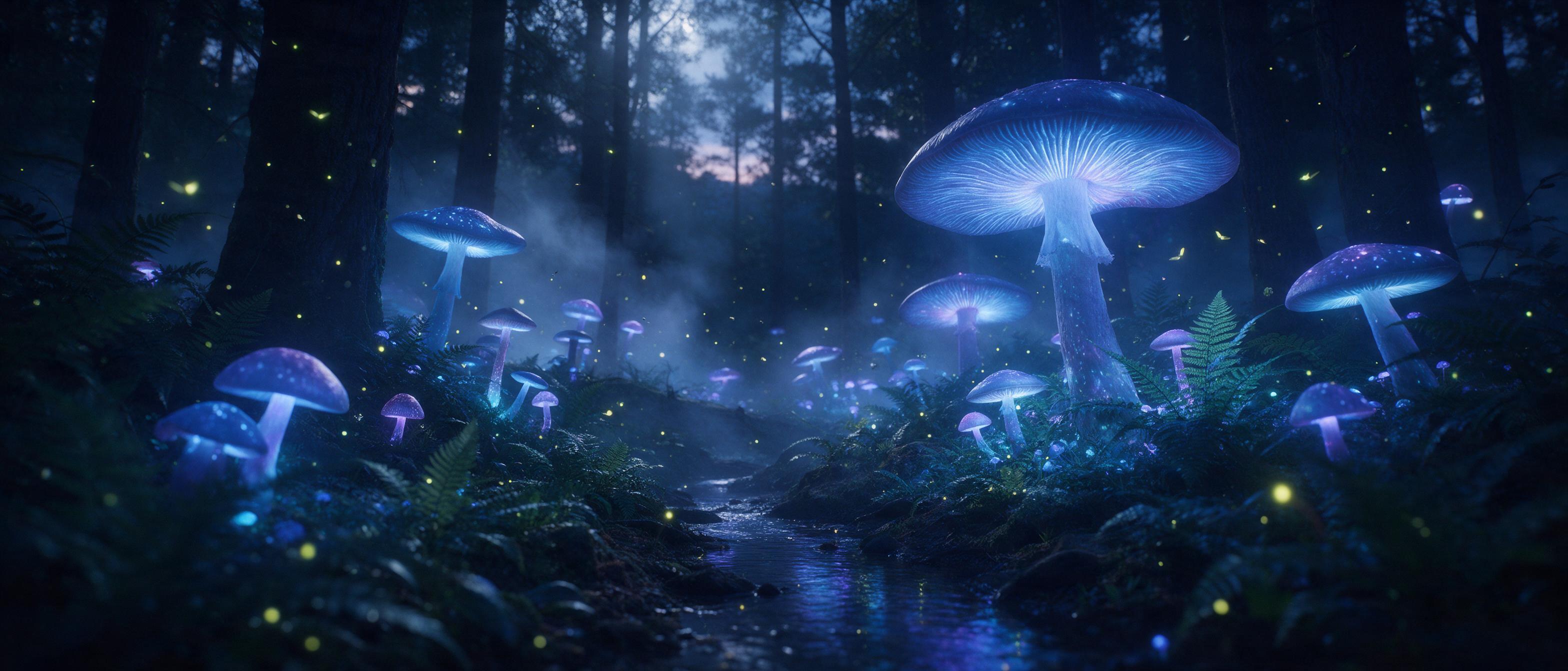 A bioluminescent forest at twilight, giant glowing mushrooms and ferns casting soft blue and violet light, a small stream reflecting the glow, fireflies drifting, mist curling between trunks, subtle moonbeams breaking through the canopy, cinematic wide shot, shallow depth of field, ethereal and sere