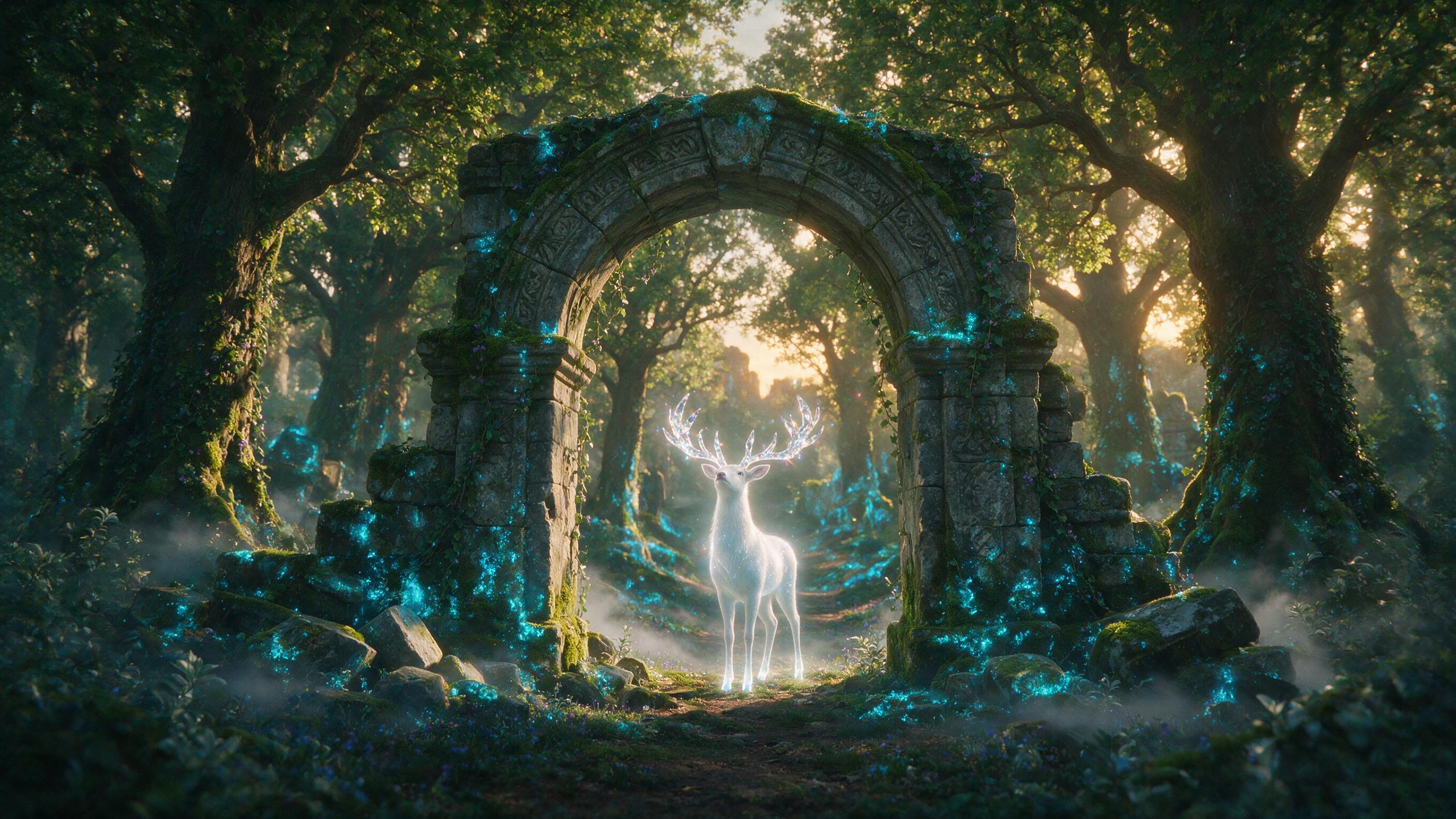 A ruined stone archway in an enchanted forest, glowing blue moss clinging to the mossy stones, soft mist curling around the base, shafts of golden sunset light breaking through the canopy, a single ethereal deer with antlers of crystal standing in the center, cinematic composition, warm amber and co