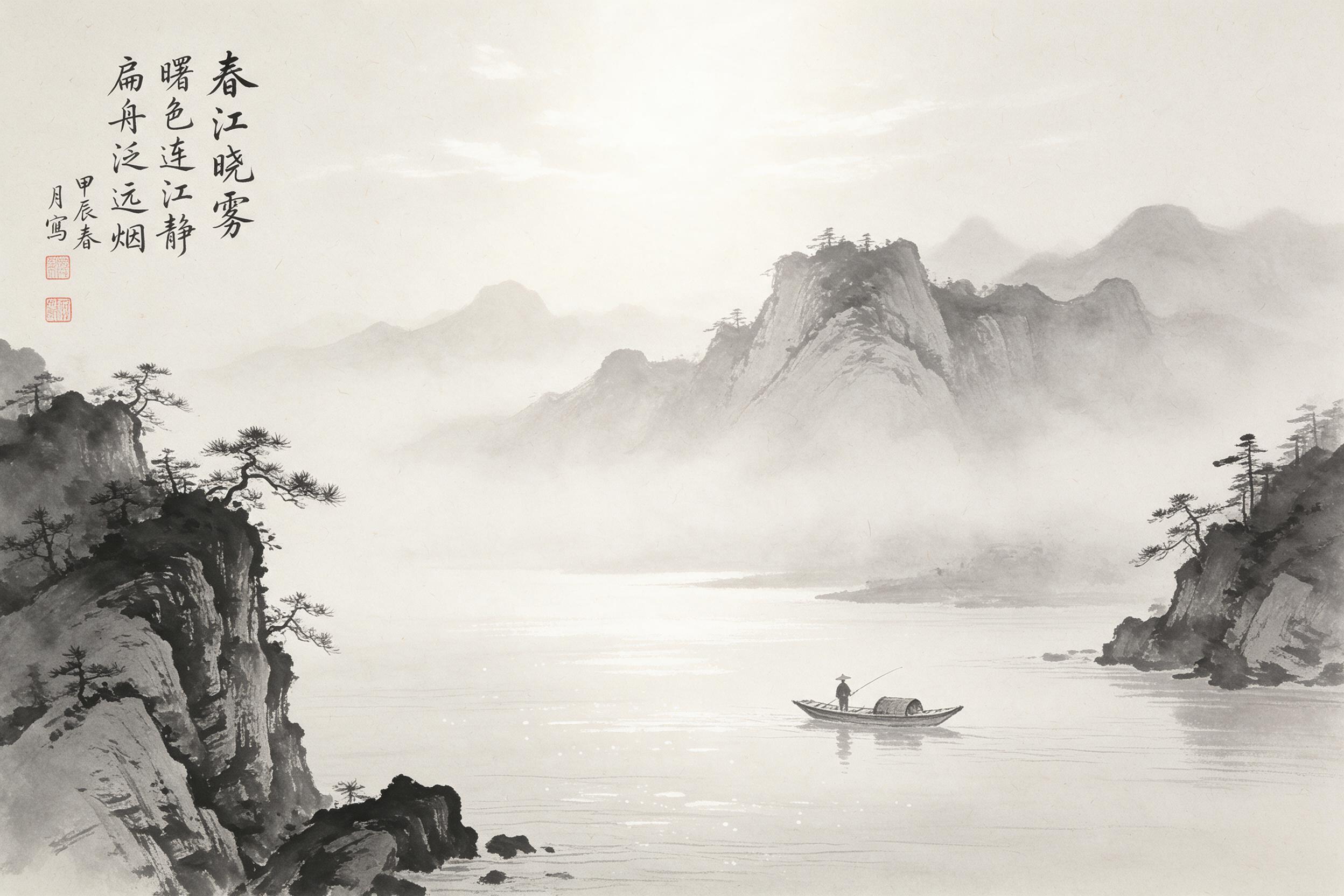 A solitary fishing boat gliding through a misty river at dawn, ink wash painting style. Layers of receding mountains shrouded in fog, sparse pine trees clinging to rocky cliffs. Soft morning light filtering through clouds, casting gentle highlights on the water's surface. Calligraphy brush strokes v