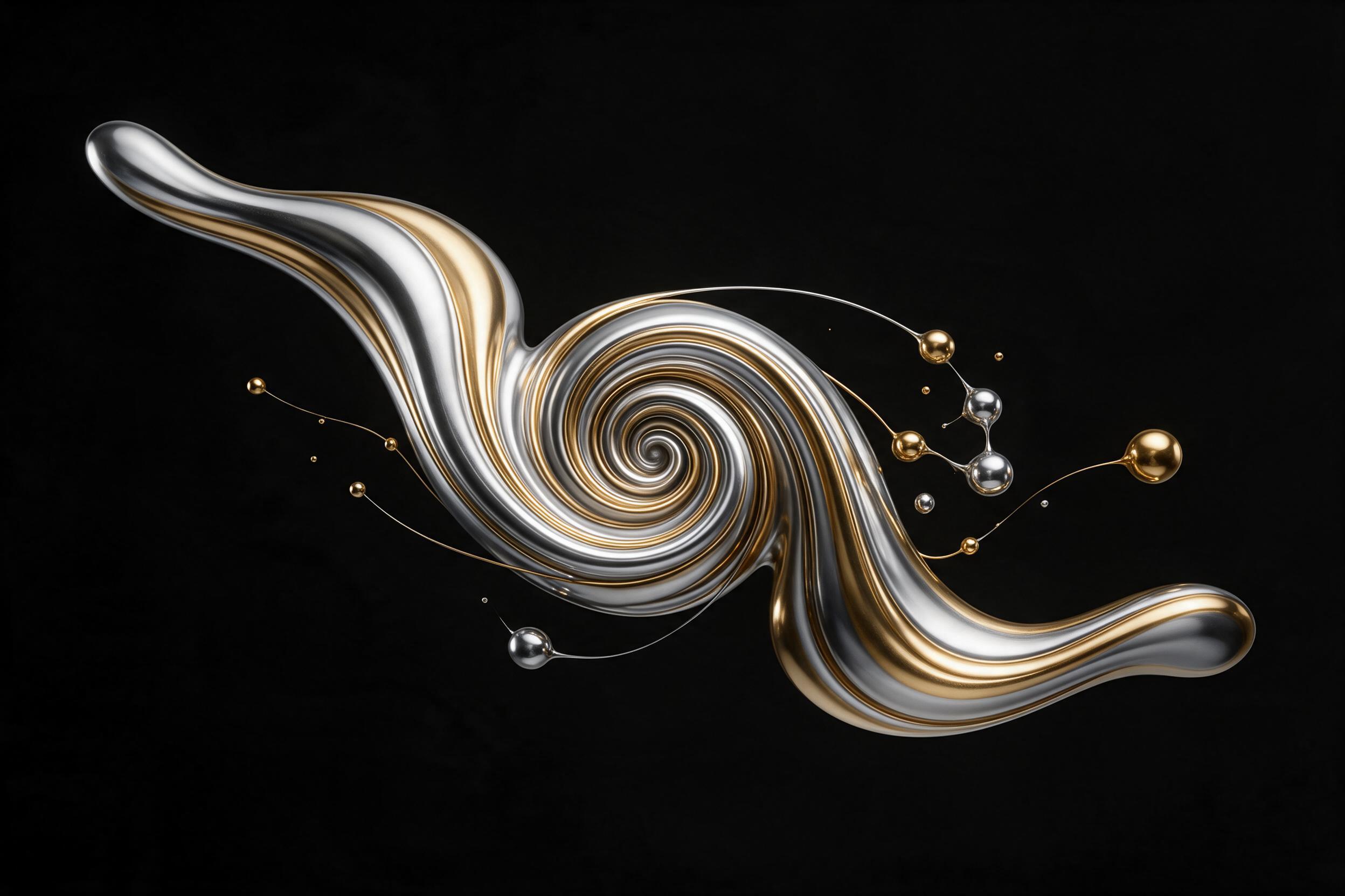 Minimalist abstract composition of flowing liquid metal, molten silver and gold intertwining in smooth, organic curves against a deep matte black background. Soft studio lighting creates subtle reflections on each surface, with gentle gradients and a central focal point. The image has a serene, medi