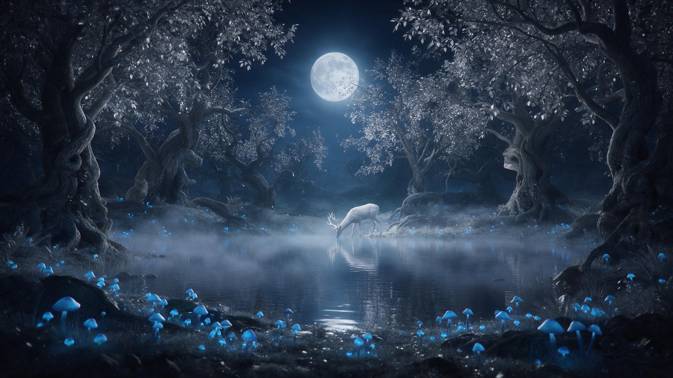 A moonlit lake in an enchanted forest, glowing blue mushrooms along the shore, mist rising from water, a single white stag drinking at the edge, ancient twisted trees with silver leaves, soft reflections, cool color palette, serene mysterious atmosphere