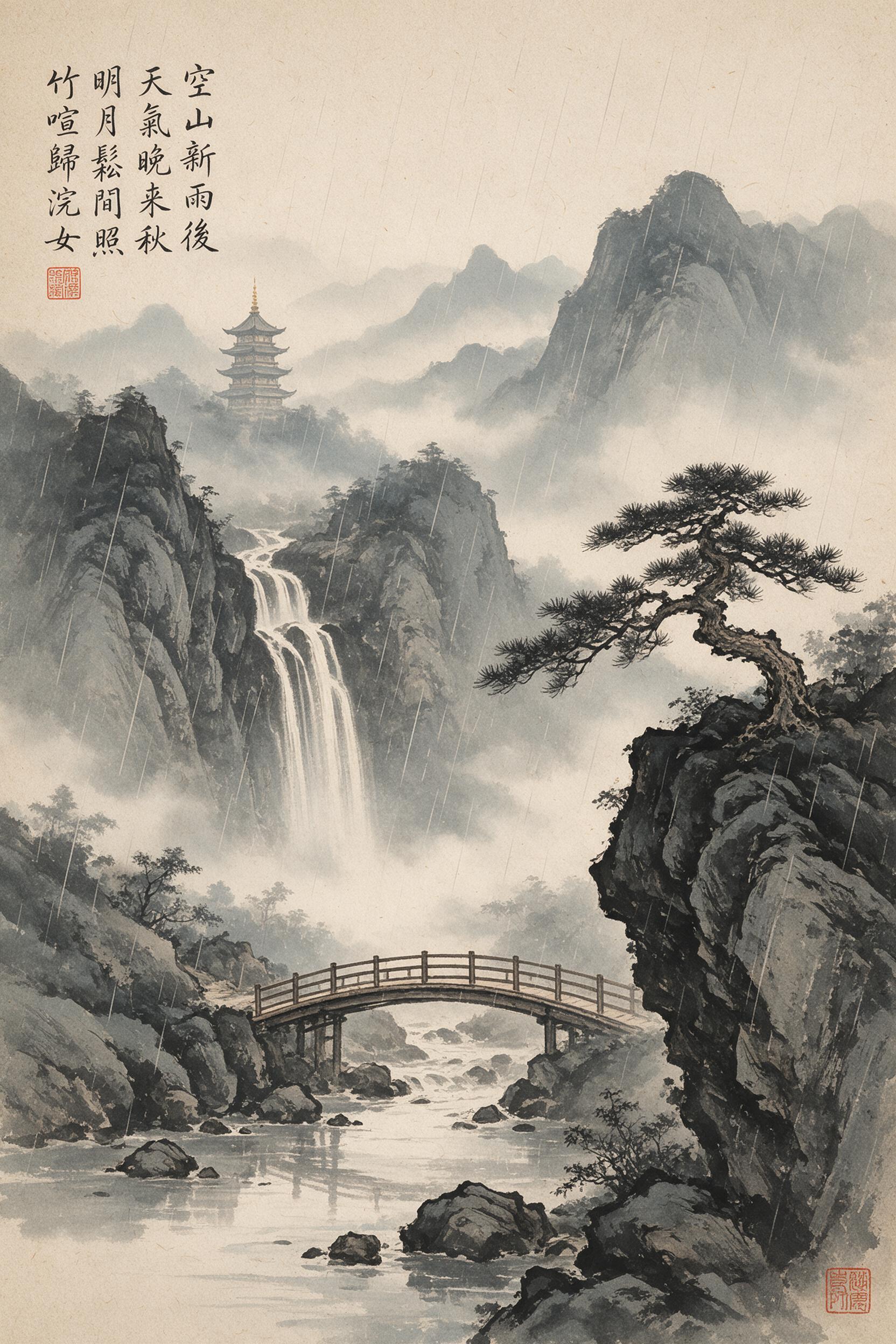 Ancient Chinese ink wash landscape, misty mountains with a solitary pine tree on a cliff, cascading waterfall, small wooden bridge over a stream, distant pagoda, soft rain, grey and muted tones, painterly brush strokes on rice paper