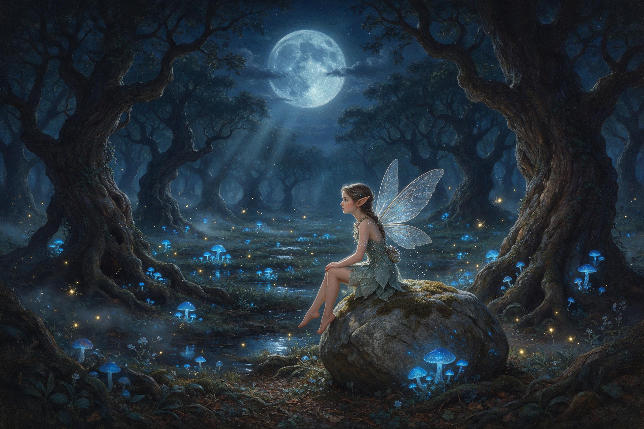 A moonlit enchanted forest clearing, ancient twisted trees with glowing blue fungi, a small winged faerie perched on a mossy stone, fireflies dancing, soft silver mist, deep shadows, ethereal atmosphere, painterly style, rich in detail.
