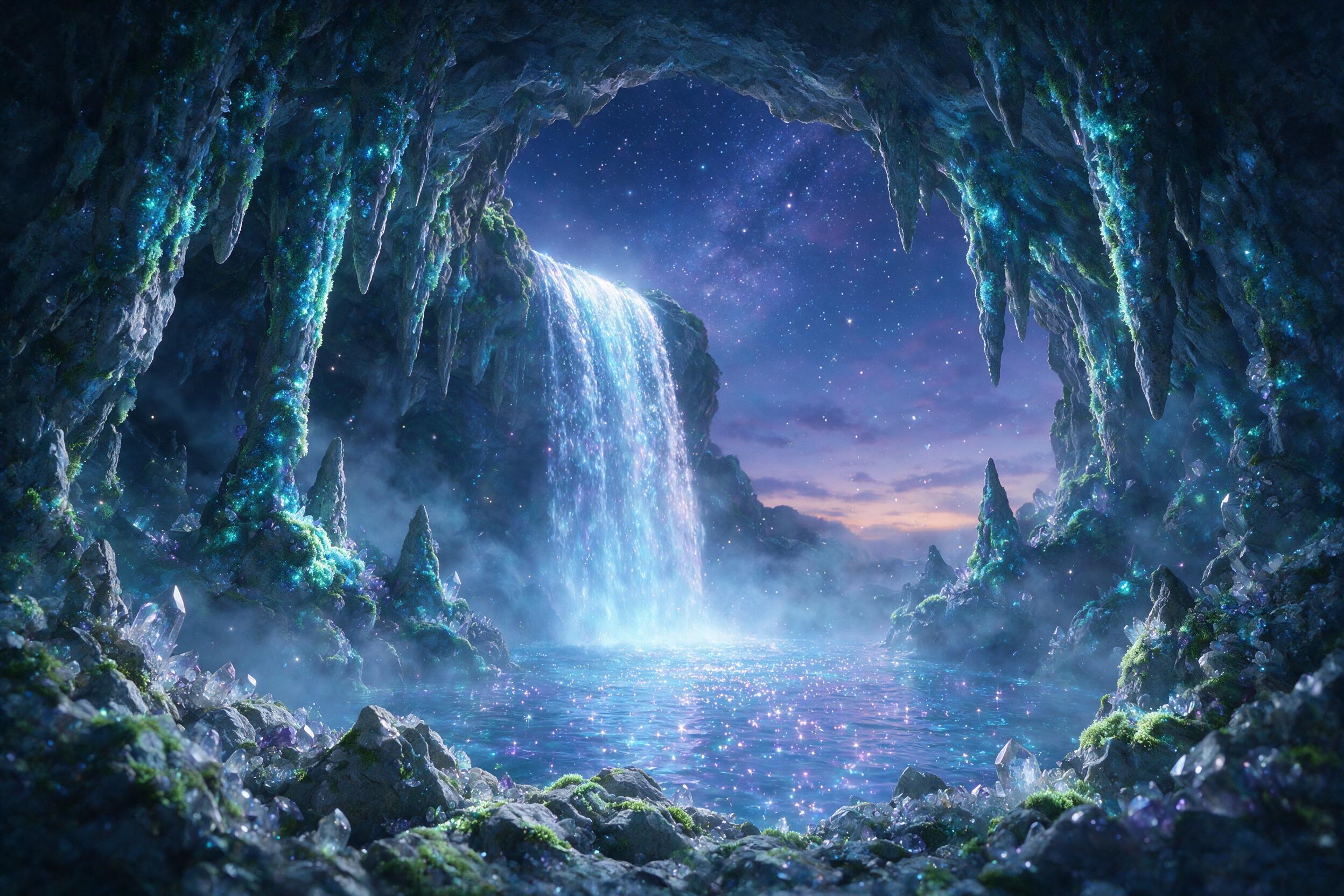 A luminous crystal cave under a twilight sky, bioluminescent moss clinging to jagged stalactites, a single glowing waterfall cascading into a pool of liquid starlight, mist swirling with tiny sparkles, ethereal atmosphere, soft blue and violet hues, cinematic composition with foreground rocks framin