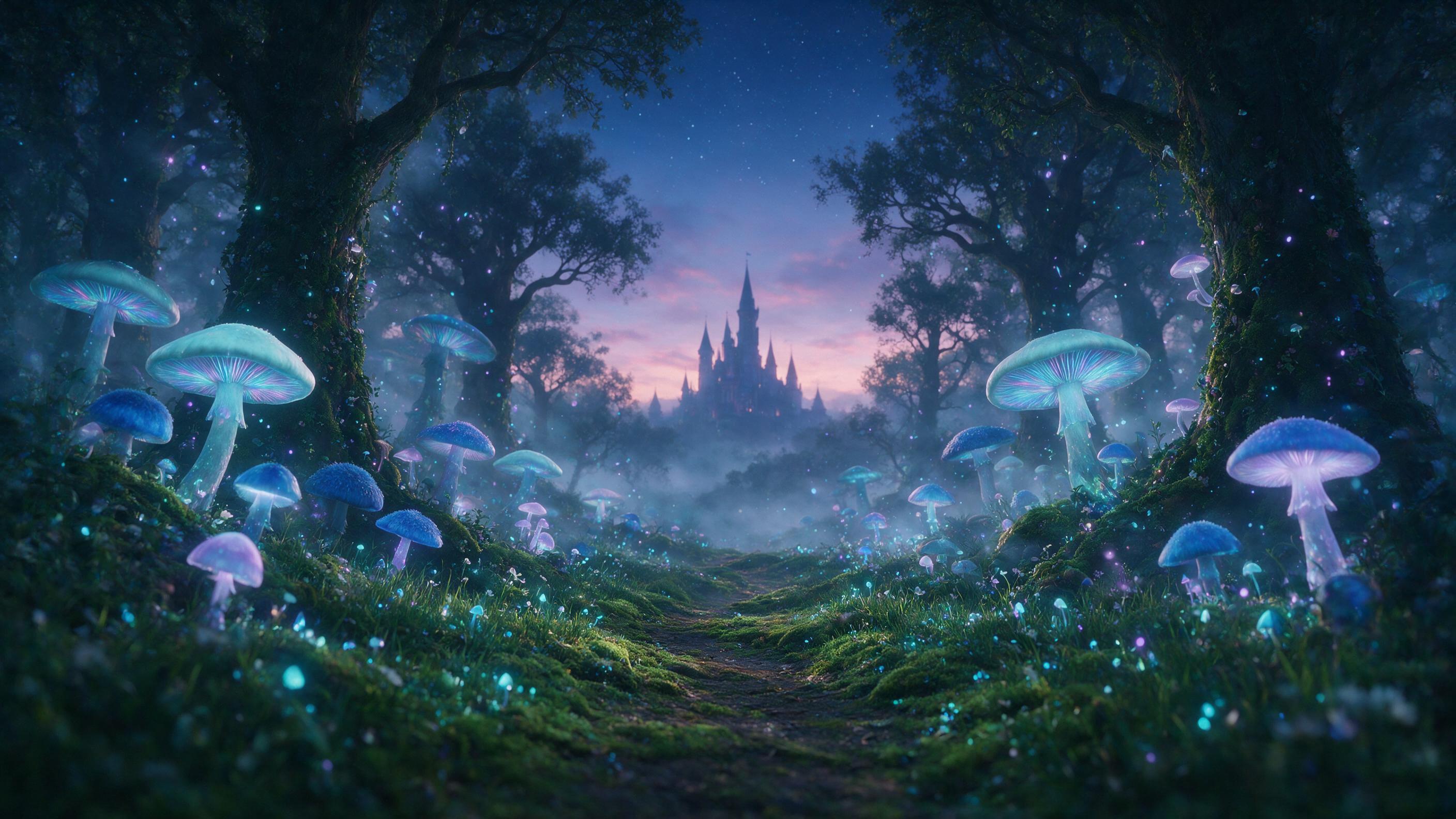 A bioluminescent forest at twilight, giant glowing mushrooms and floating spores, a winding mossy path, soft blue and violet light, mist between ancient trees, distant ethereal castle silhouette, cinematic composition, shallow depth of field
