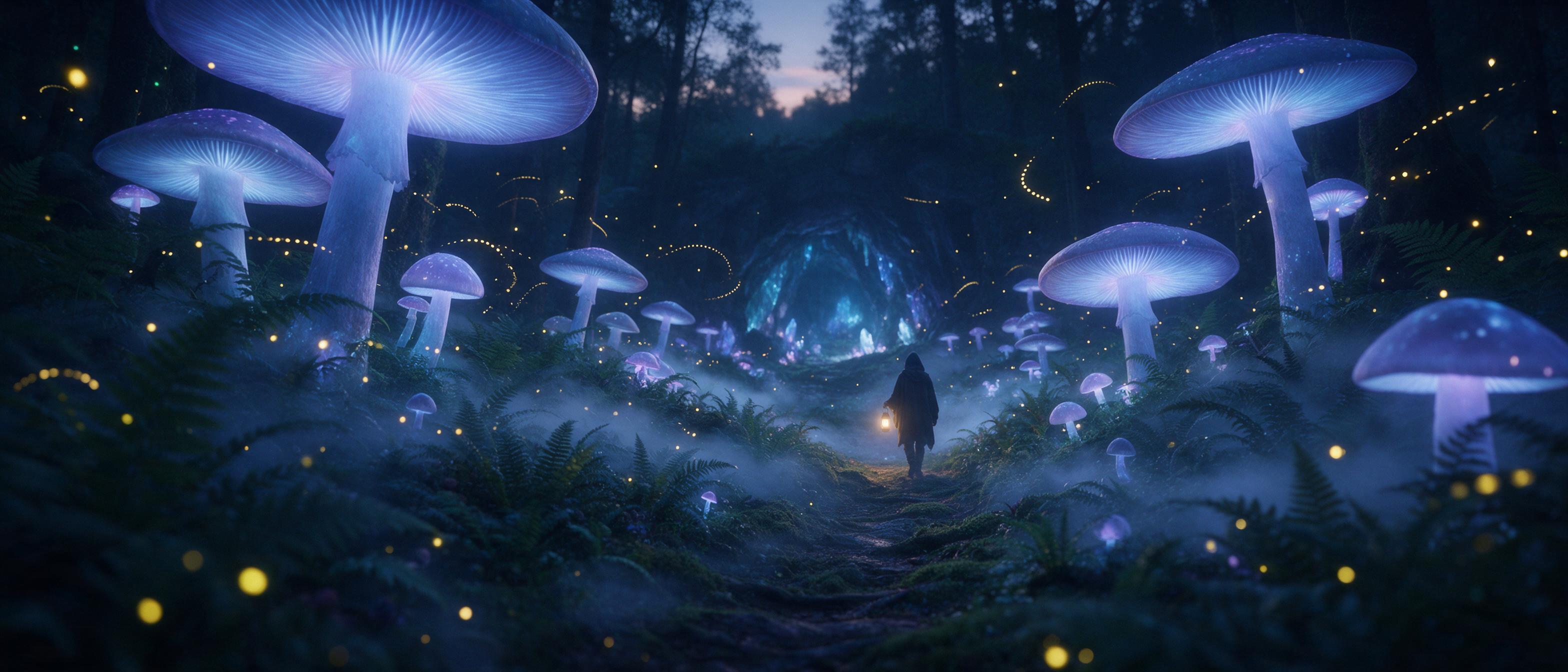 A bioluminescent forest at dusk, giant glowing mushrooms casting soft blue-violet light on a winding mossy path, ethereal mist weaving between ancient ferns, fireflies tracing golden arcs, a lone hooded figure with a lantern walking toward a distant crystal-lit cavern, cinematic wide shot, shallow d