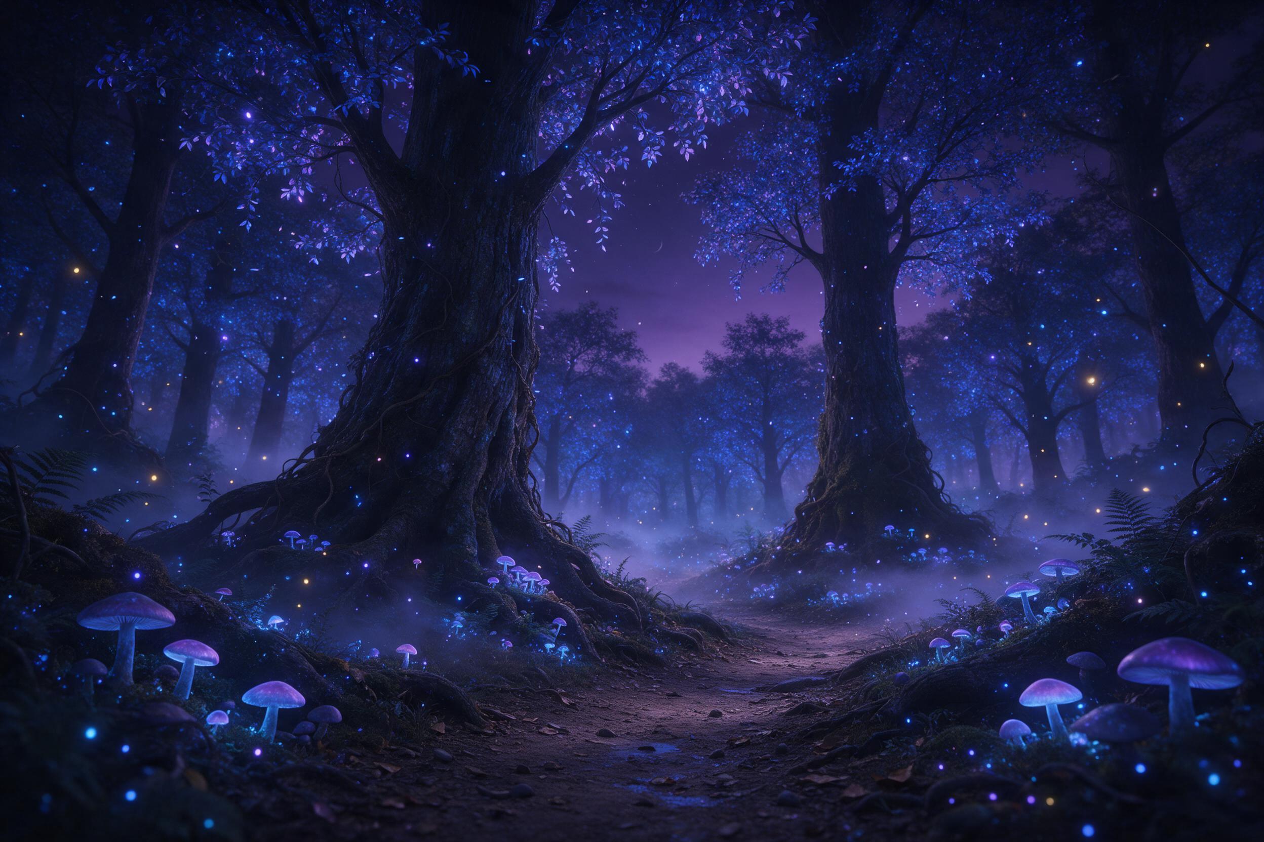 A bioluminescent forest at twilight, colossal ancient trees with glowing blue and violet leaves, floating spores like tiny stars, a winding path with soft mist, fireflies and luminous mushrooms under a dark purple sky, delicate cinematic lighting, dreamlike atmosphere, rich colors and textures.