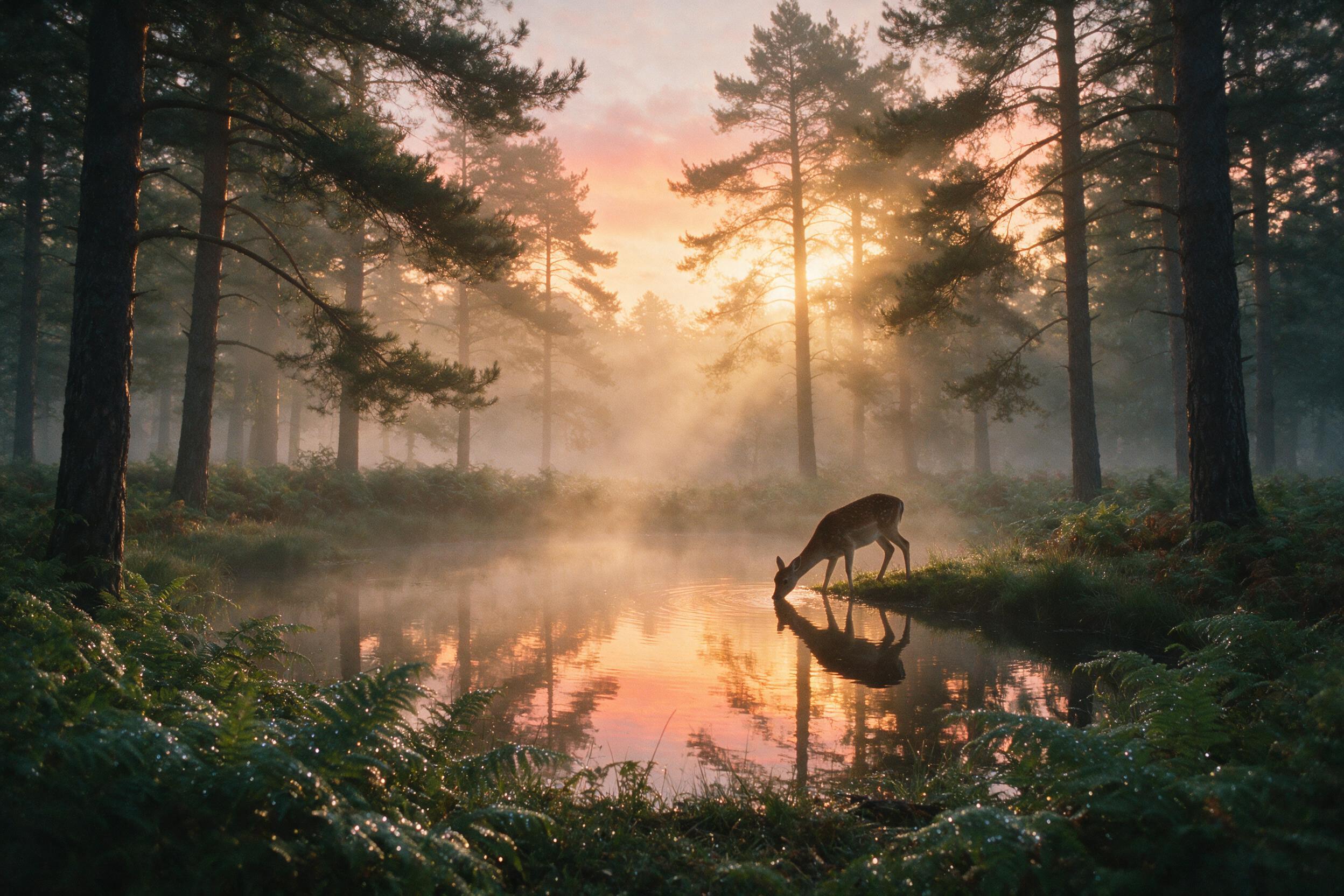 A sunlit forest pond at dawn, golden light filtering through misty pine trees, smooth water reflecting orange and pink sky, a single deer drinking at the edge, dew on ferns, soft haze, peaceful atmosphere, shot on 35mm film, slight grain, natural color palette