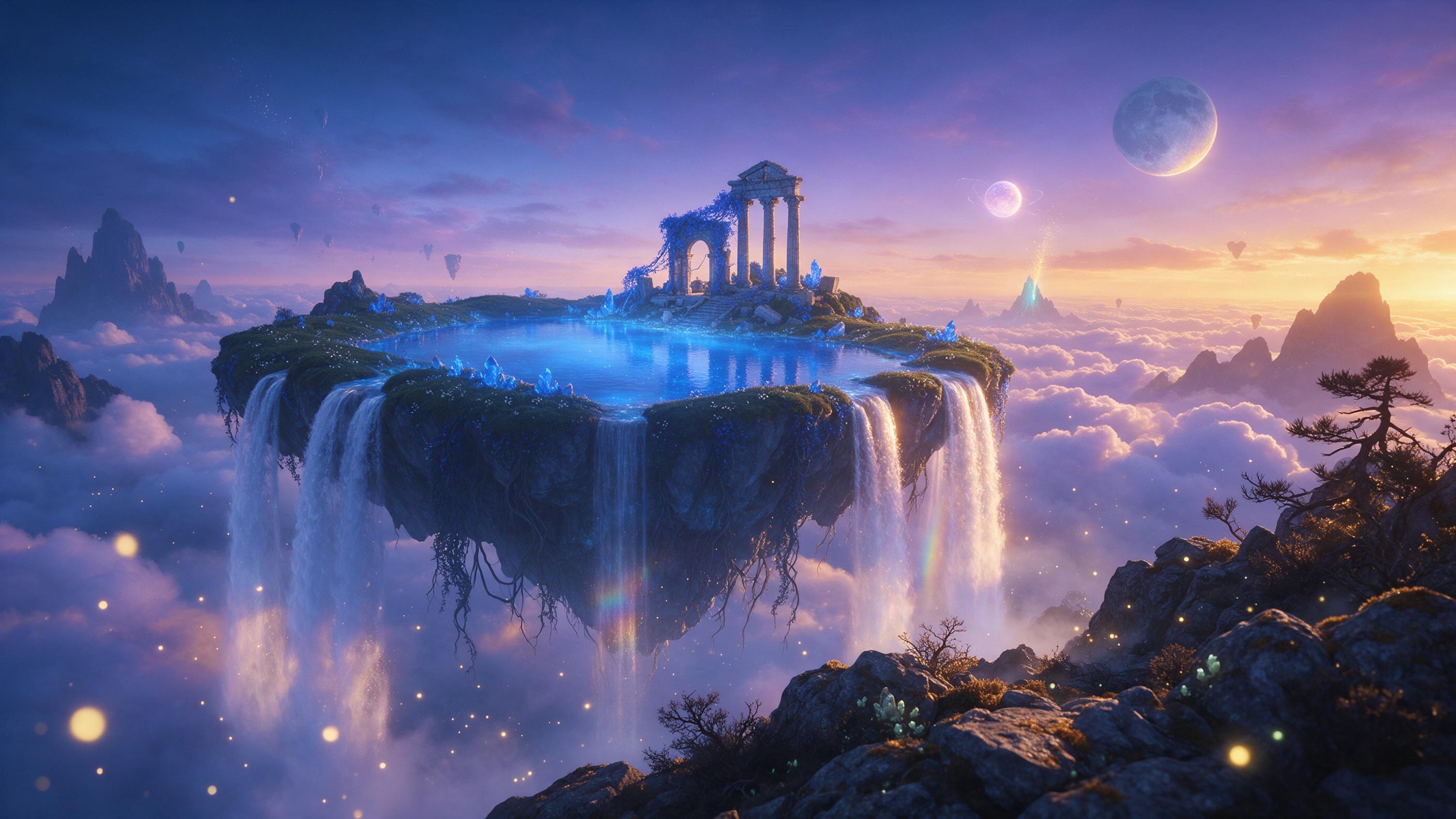 A floating island with a glowing crystal lake, cascading waterfalls into twilight clouds, ancient ruins overgrown with luminous blue vines, two moons in a violet sky, fireflies dotting the air, cinematic wide shot, warm golden rim light from the horizon, soft mist, ethereal atmosphere.