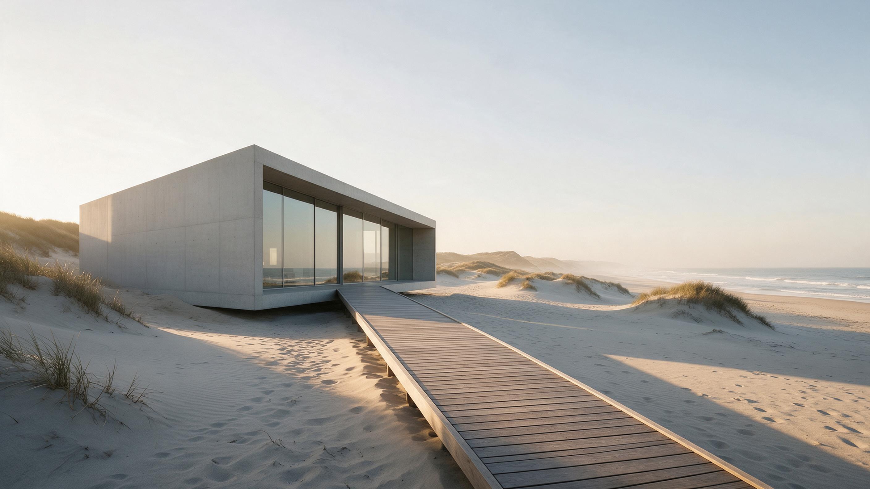 A minimalist concrete house nestled among rolling coastal dunes, floor-to-ceiling glass walls reflecting the pale morning sky, soft golden light casting long shadows on the sand, a single wooden deck extending toward the ocean, composition with leading lines, natural haze, calm atmosphere, sharp foc